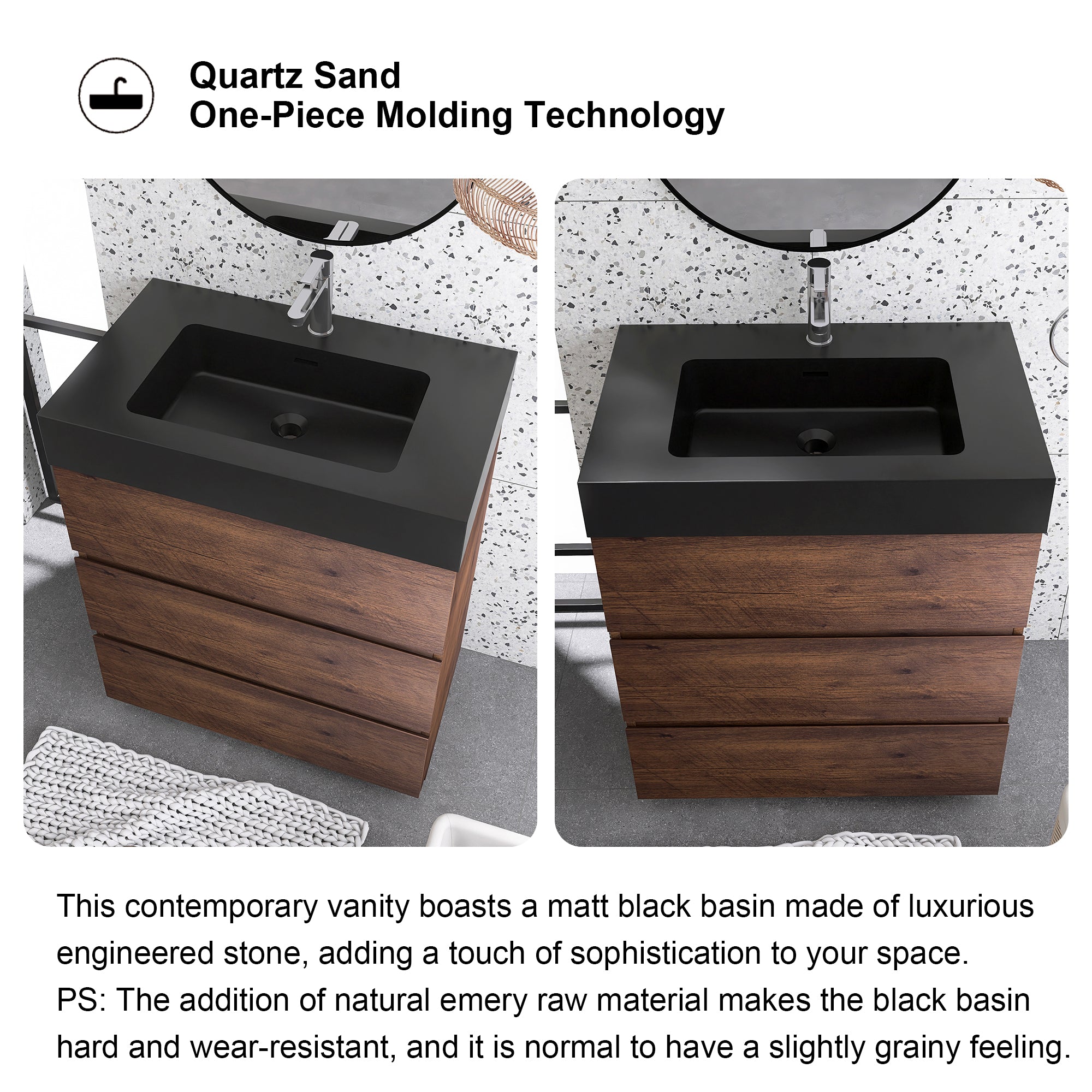 24"/30"/36" Freestanding Bathroom Vanity Set with Black Integrated Quartz Sand Sink