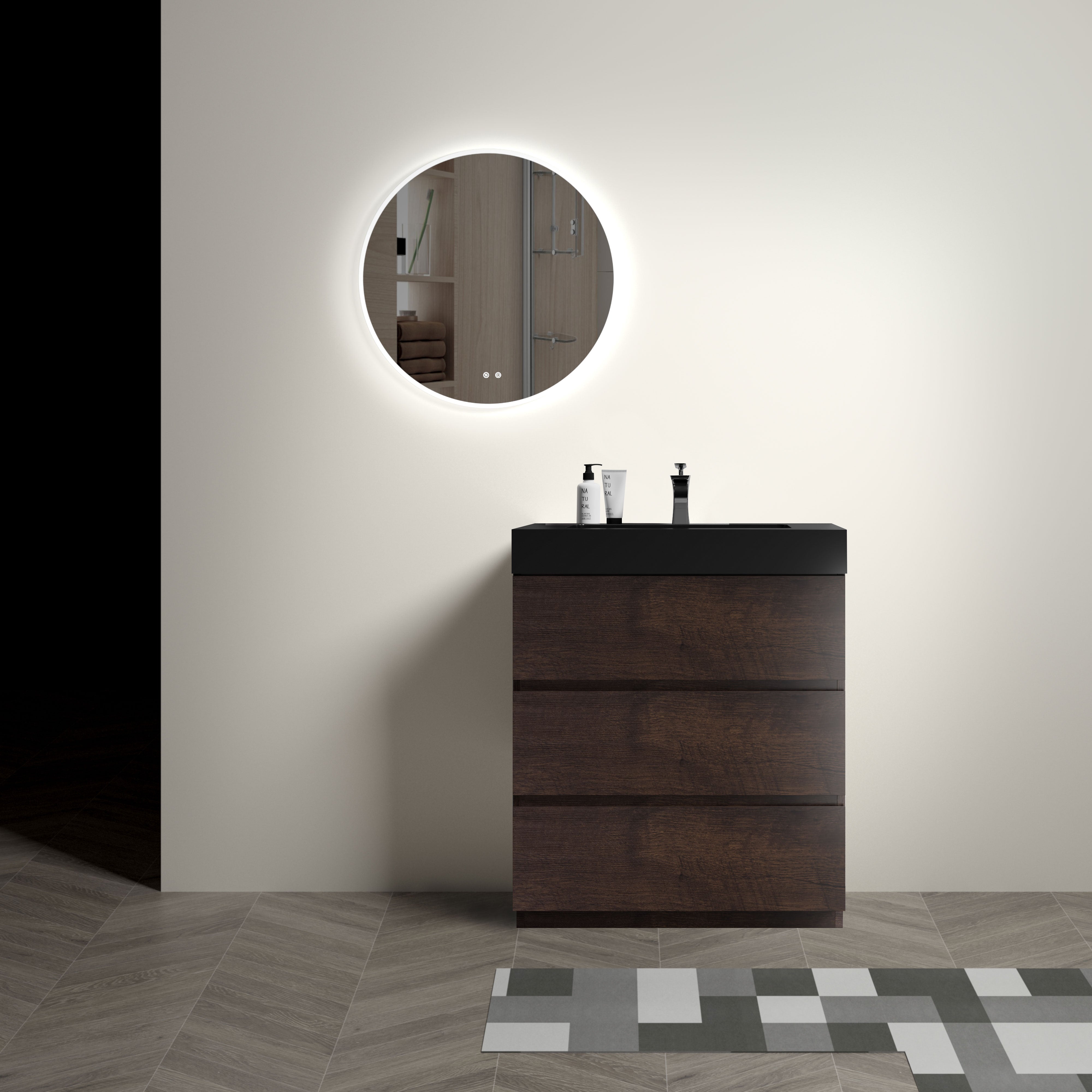 24"/30"/36" Freestanding Bathroom Vanity Set with Black Integrated Quartz Sand Sink