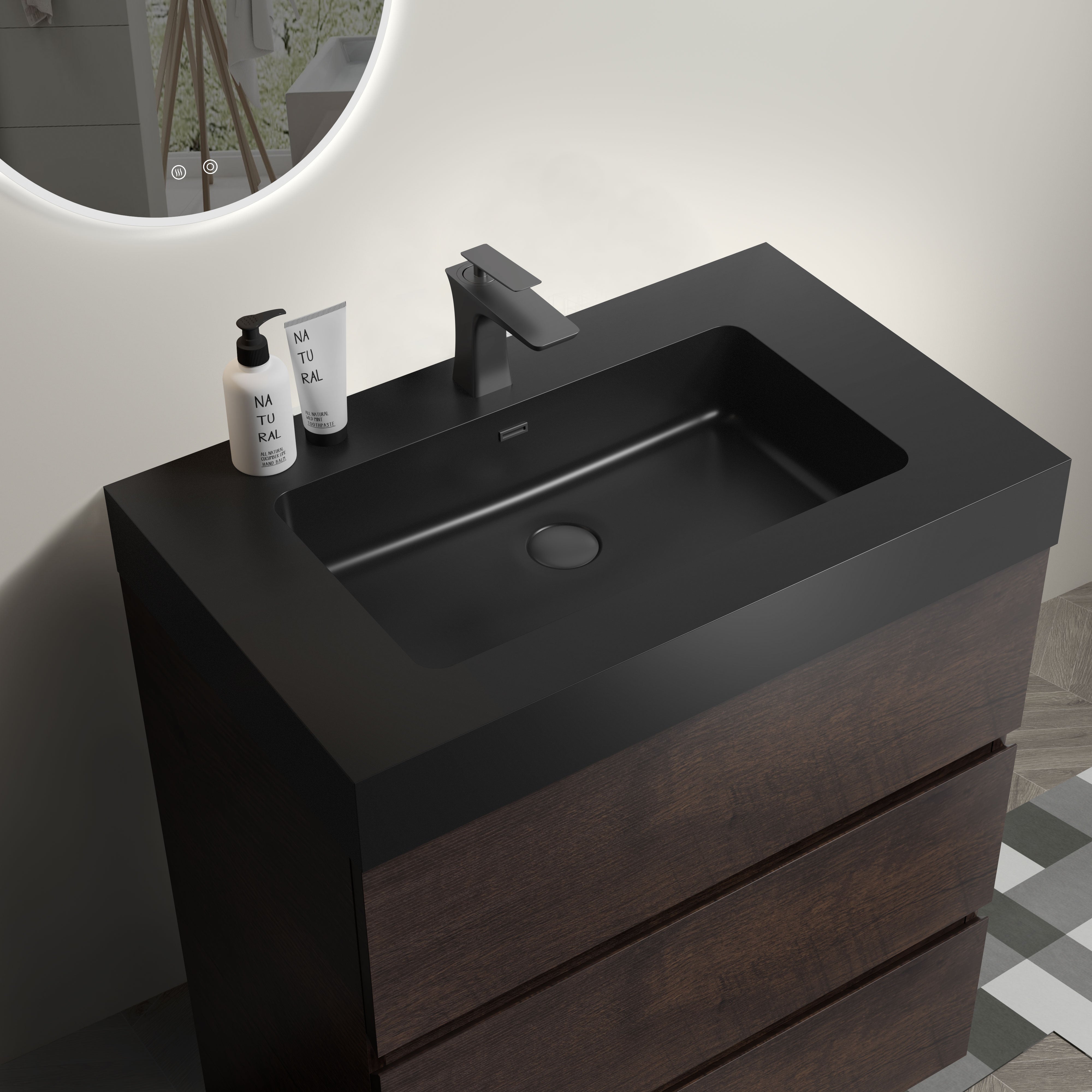 24"/30"/36" Freestanding Bathroom Vanity Set with Black Integrated Quartz Sand Sink