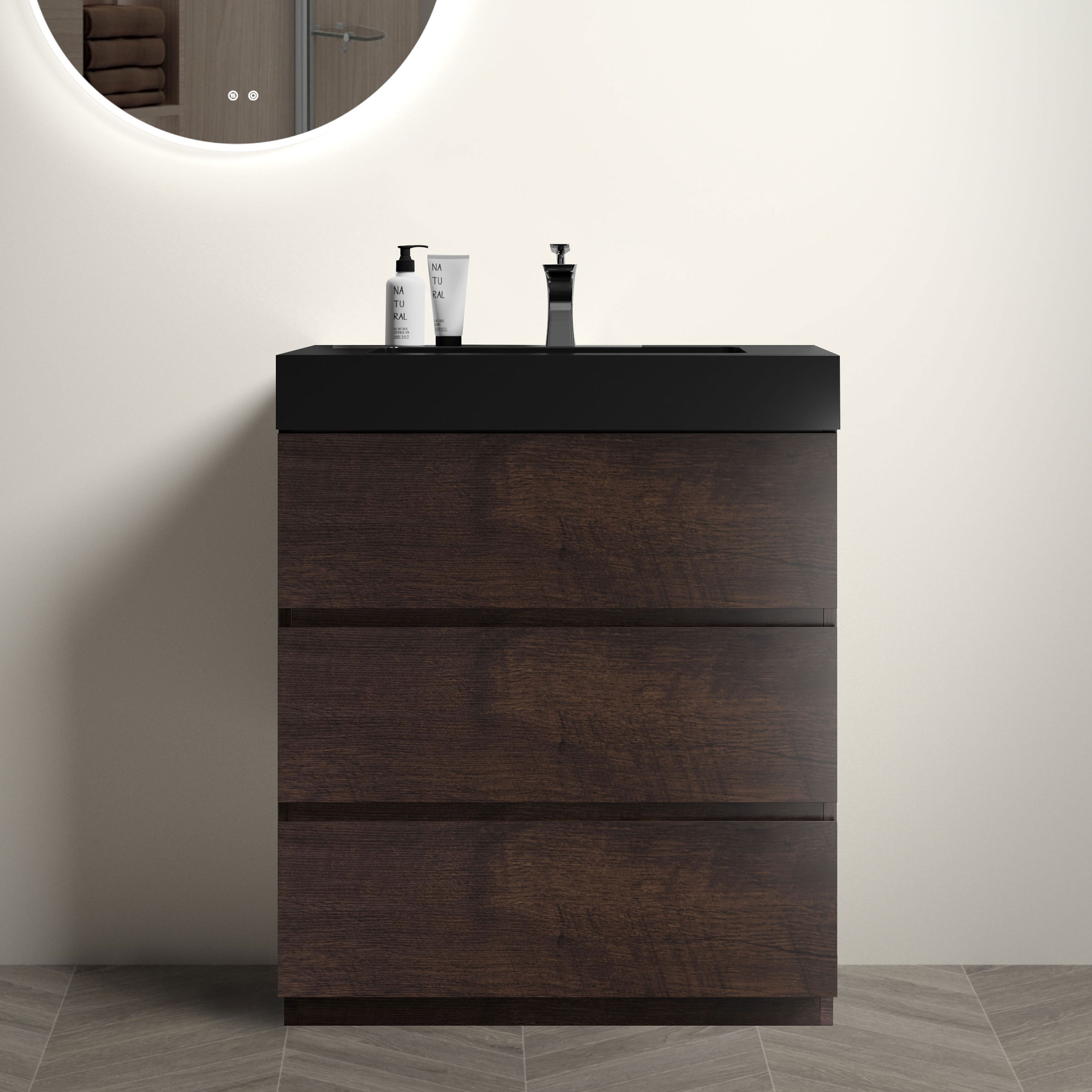 24"/30"/36" Freestanding Bathroom Vanity Set with Black Integrated Quartz Sand Sink
