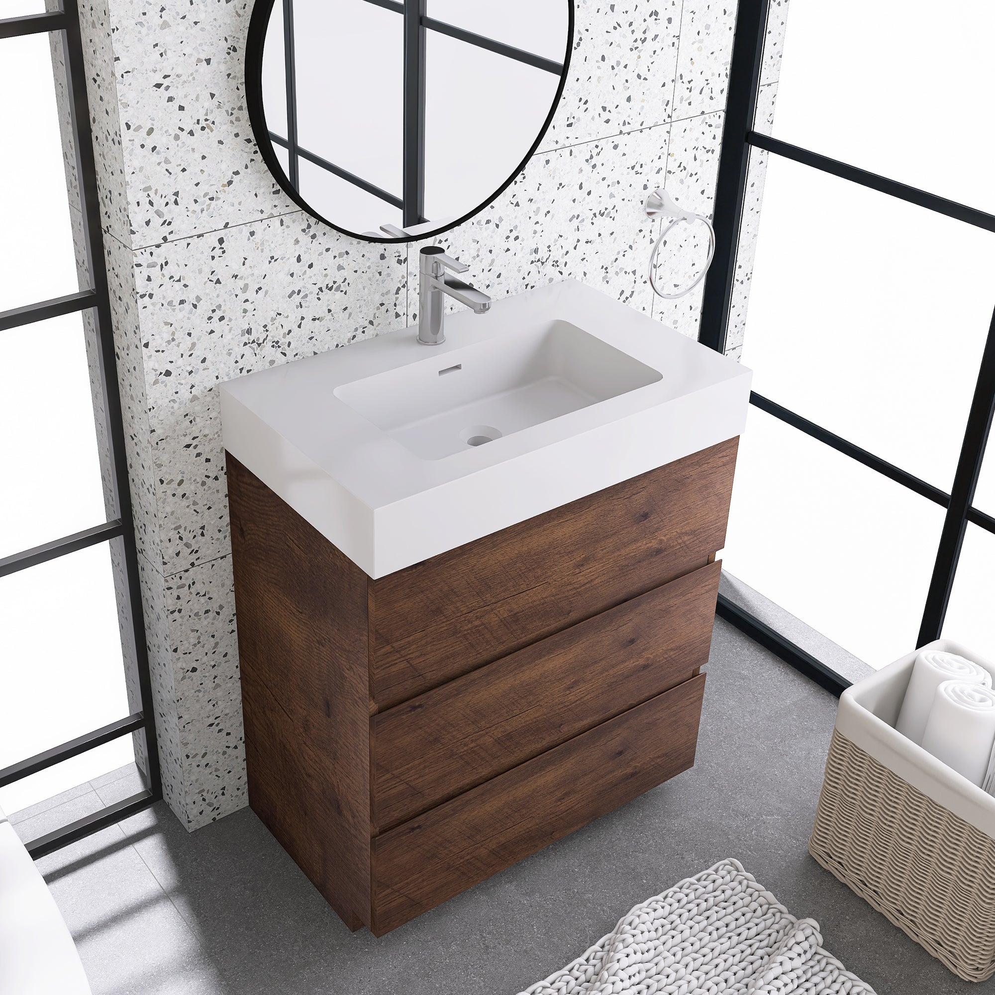 Wood Freestanding Bathroom Vanity Set with White Integrated Resin Sink