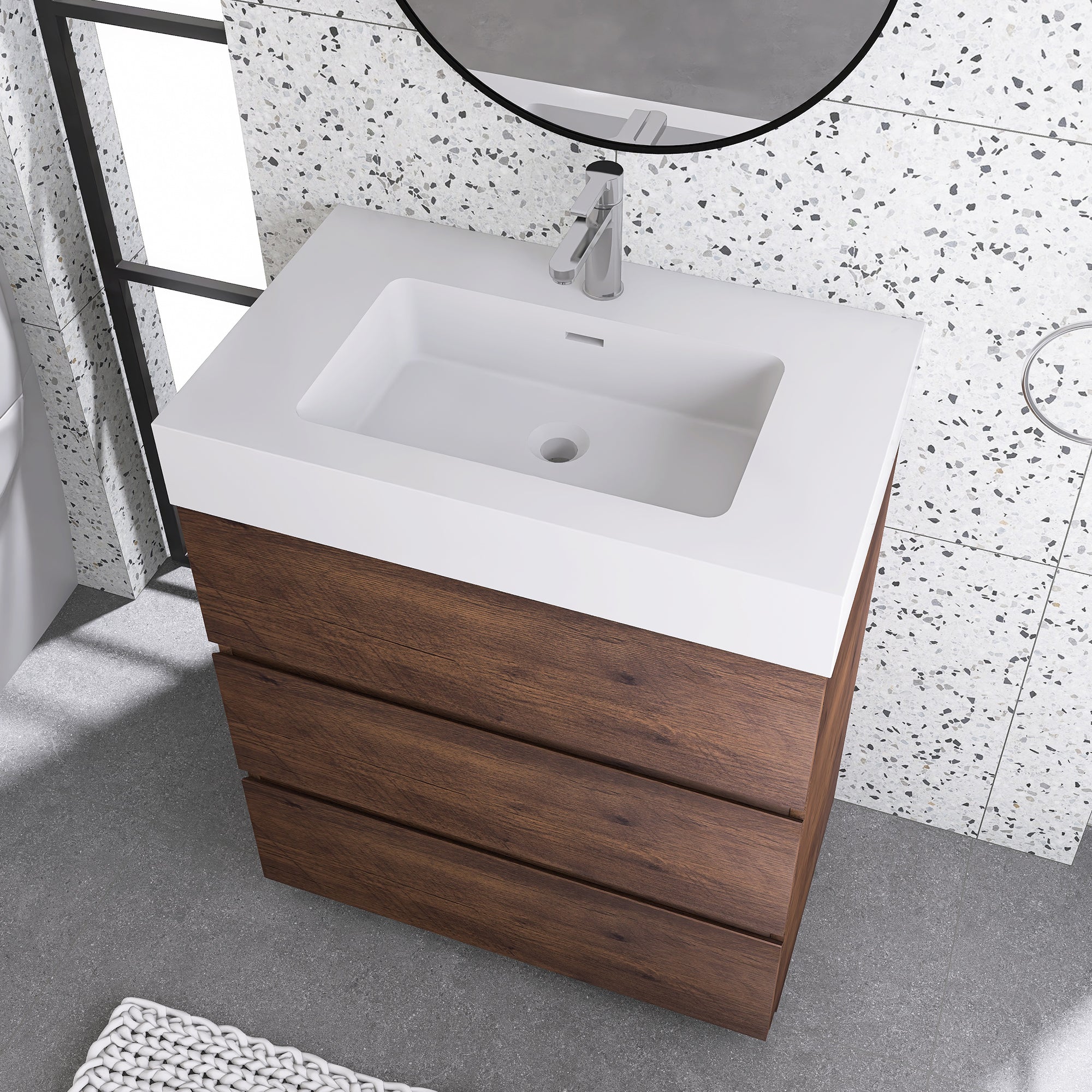 Wood Freestanding Bathroom Vanity Set with White Integrated Resin Sink