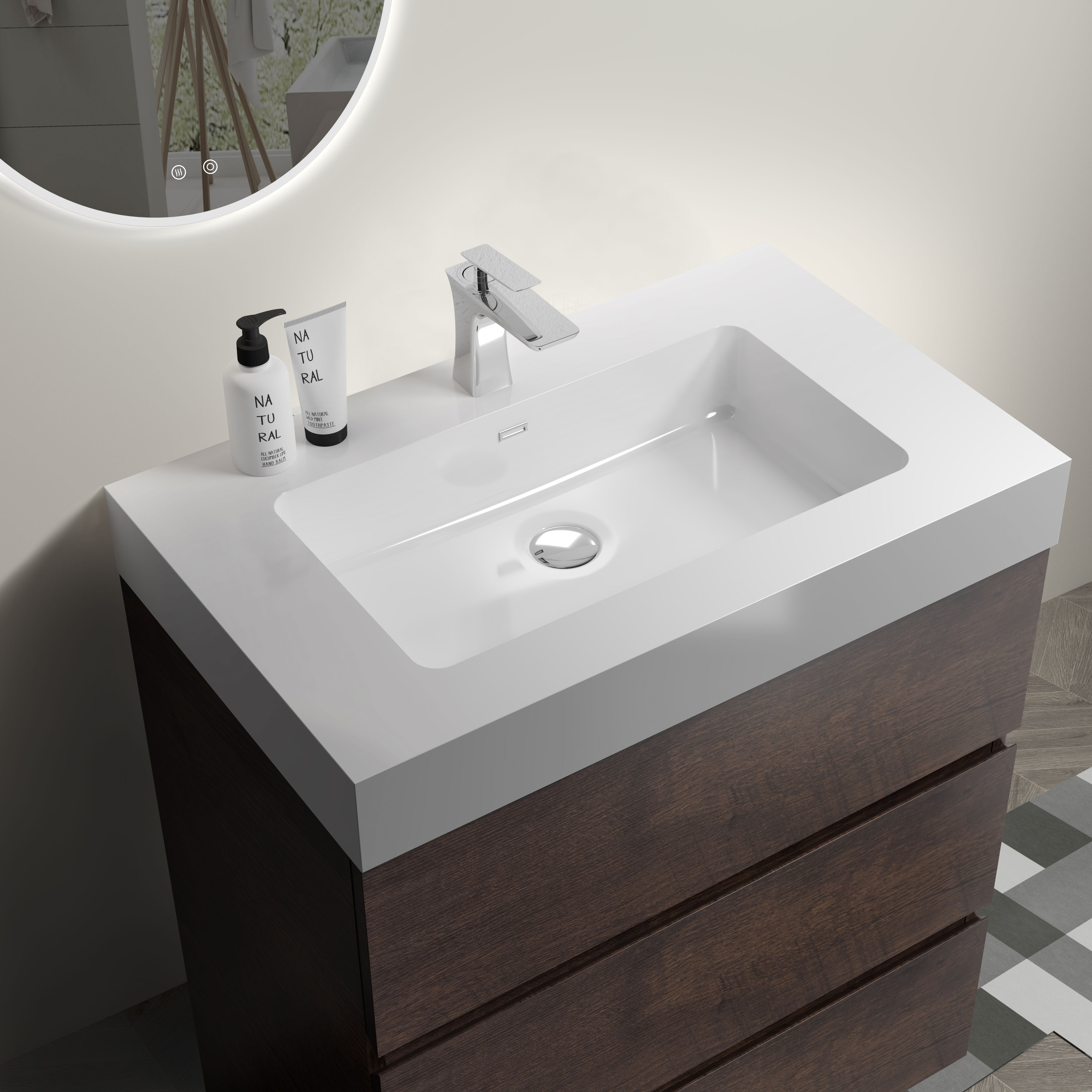 Wood Freestanding Bathroom Vanity Set with White Integrated Resin Sink