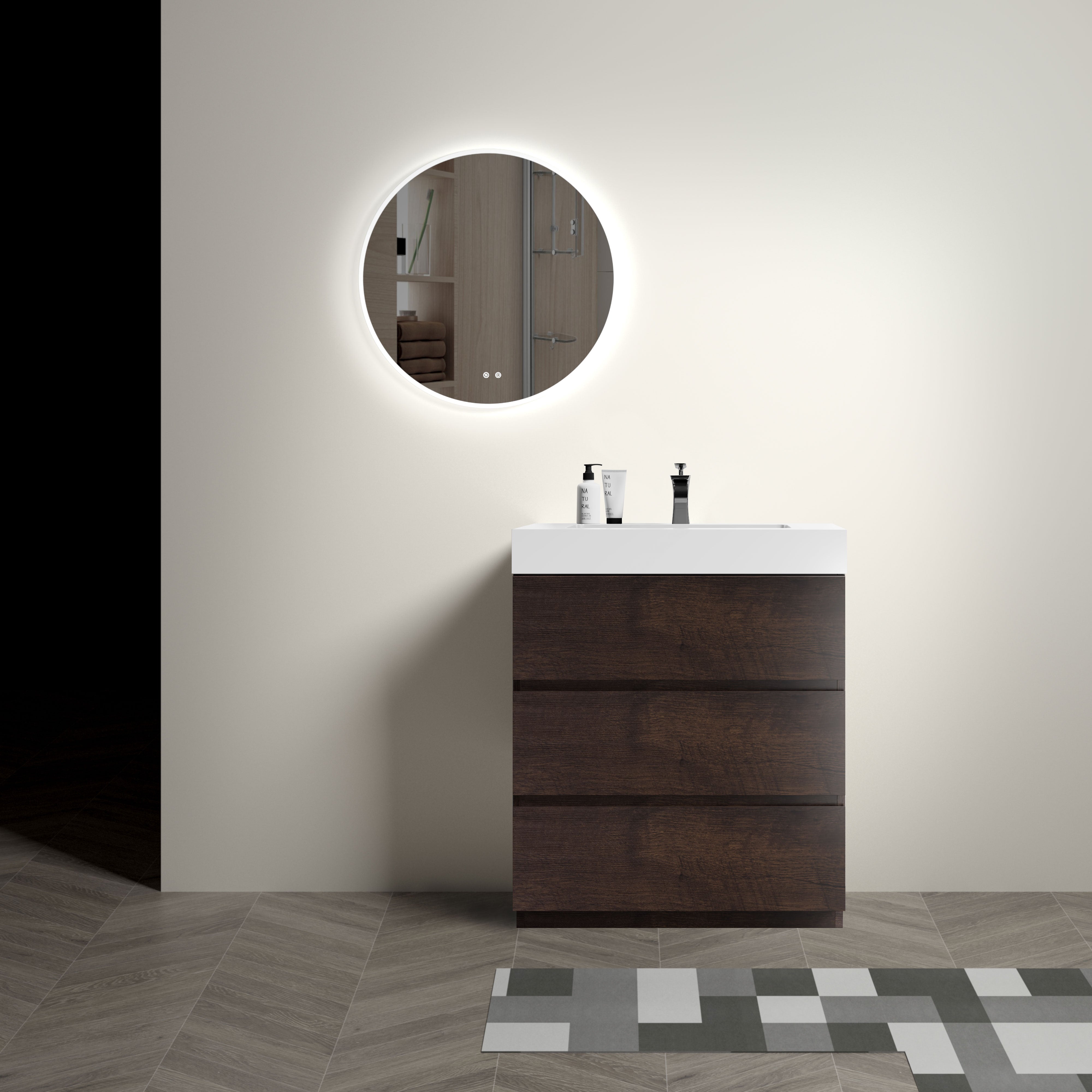 Wood Freestanding Bathroom Vanity Set with White Integrated Resin Sink