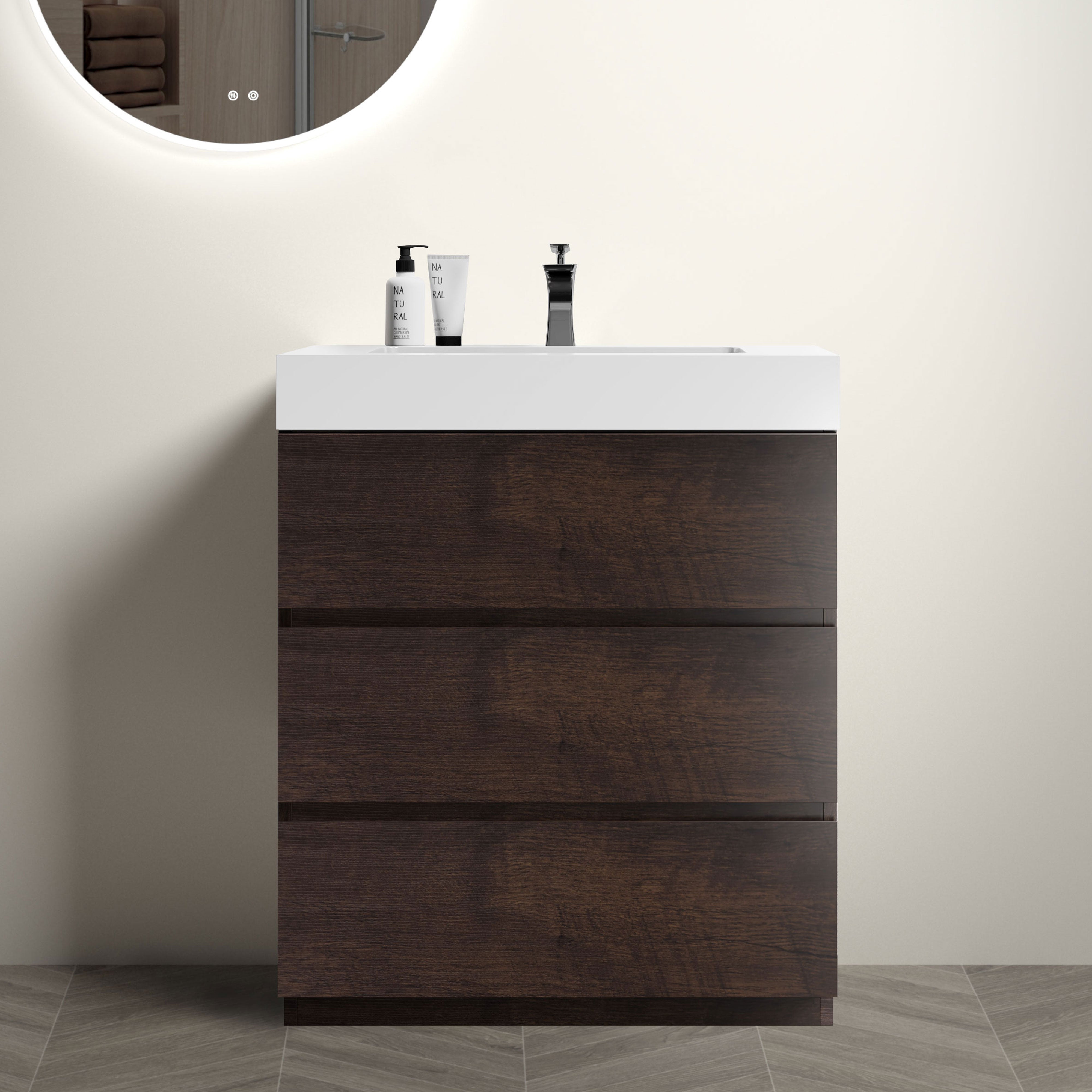 Wood Freestanding Bathroom Vanity Set with White Integrated Resin Sink