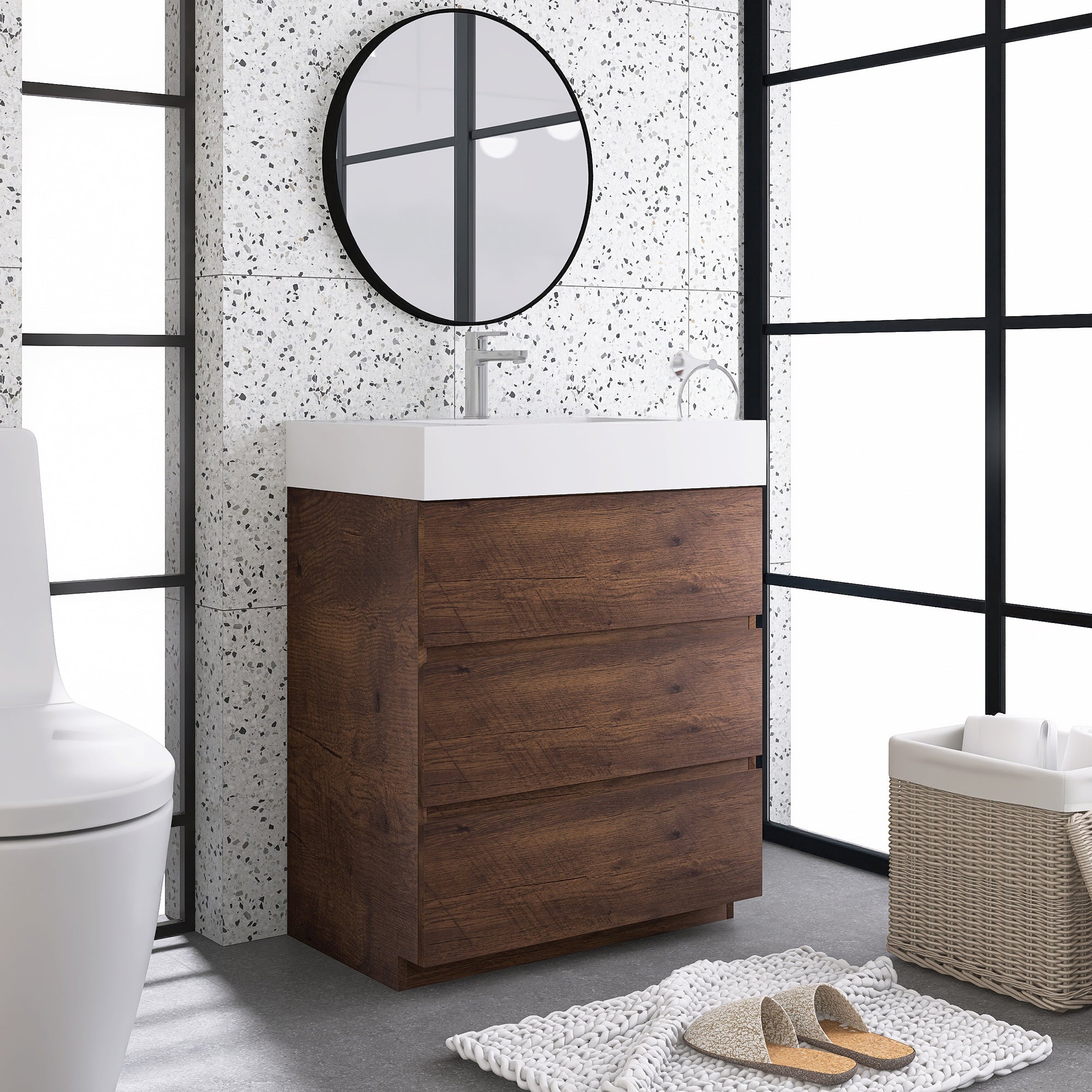 Wood Freestanding Bathroom Vanity Set with White Integrated Resin Sink