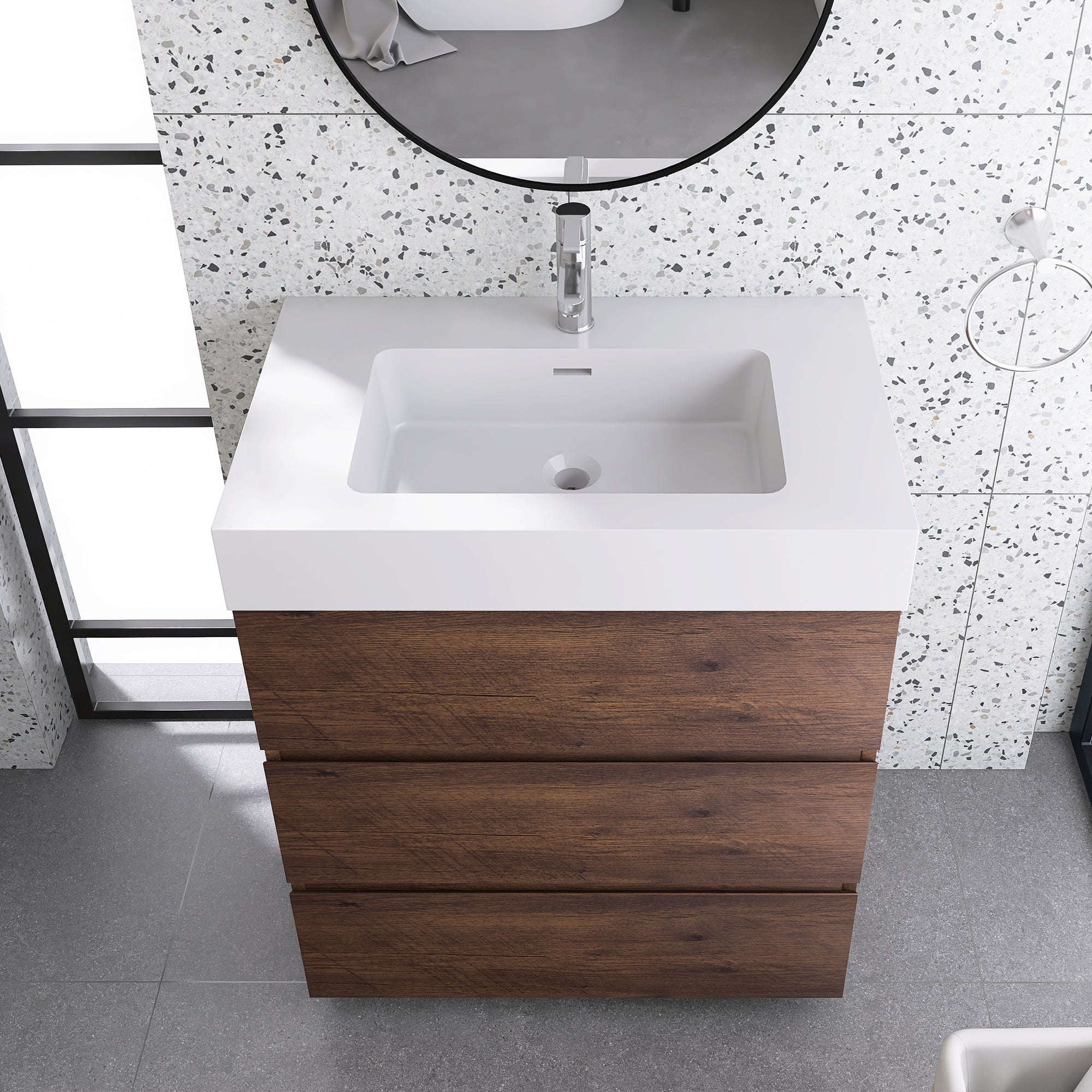 Wood Freestanding Bathroom Vanity Set with White Integrated Resin Sink