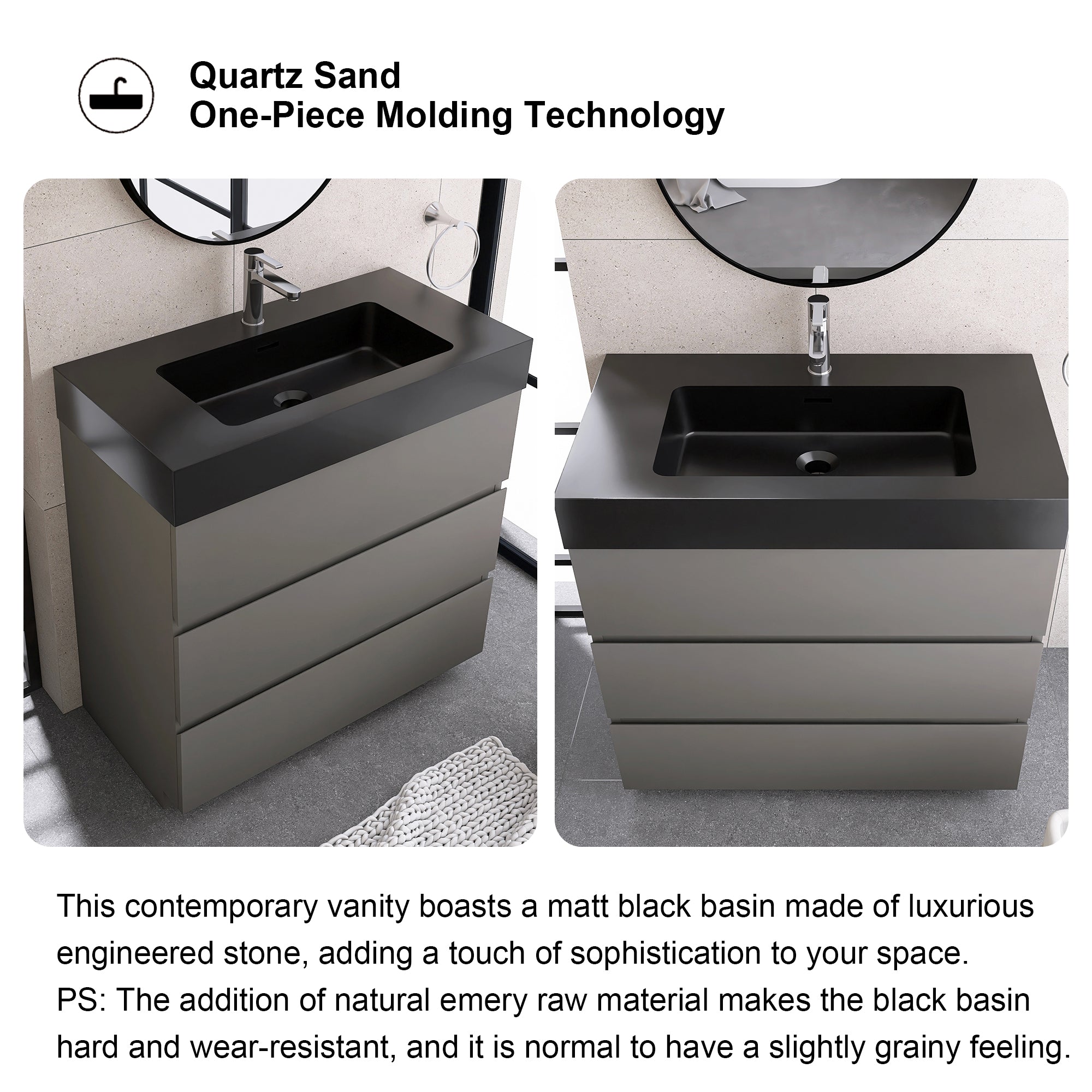 24"/30"/36" Freestanding Bathroom Vanity Set with Black Integrated Quartz Sand Sink