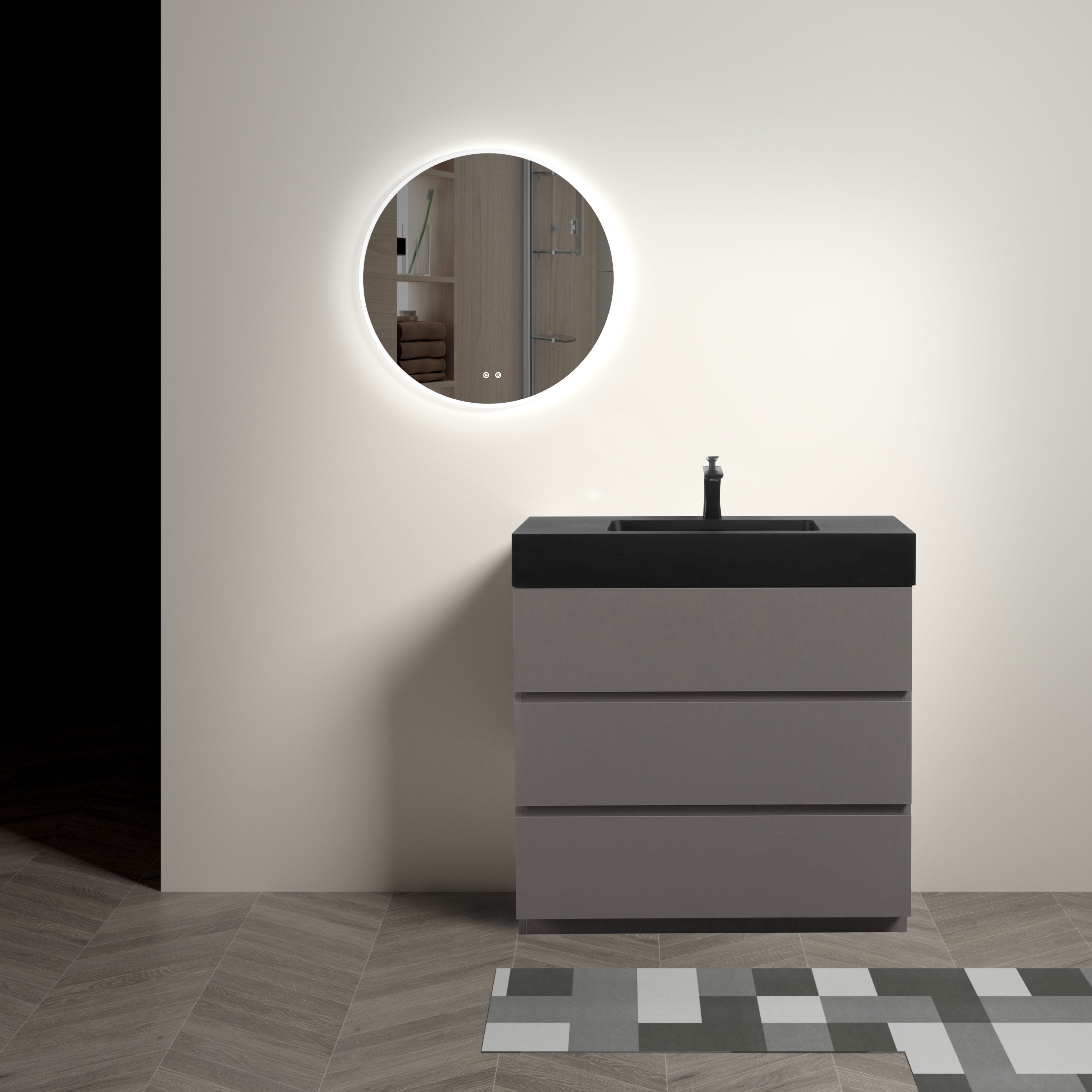 24"/30"/36" Freestanding Bathroom Vanity Set with Black Integrated Quartz Sand Sink