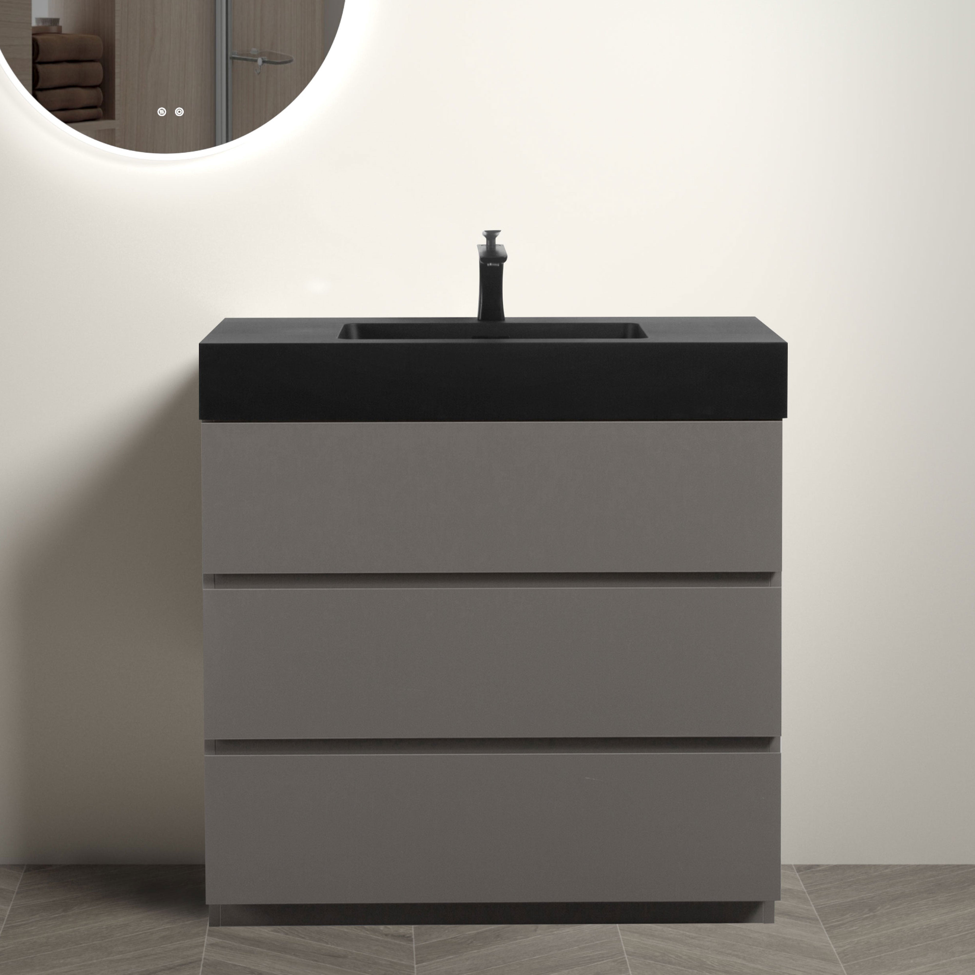 24"/30"/36" Freestanding Bathroom Vanity Set with Black Integrated Quartz Sand Sink