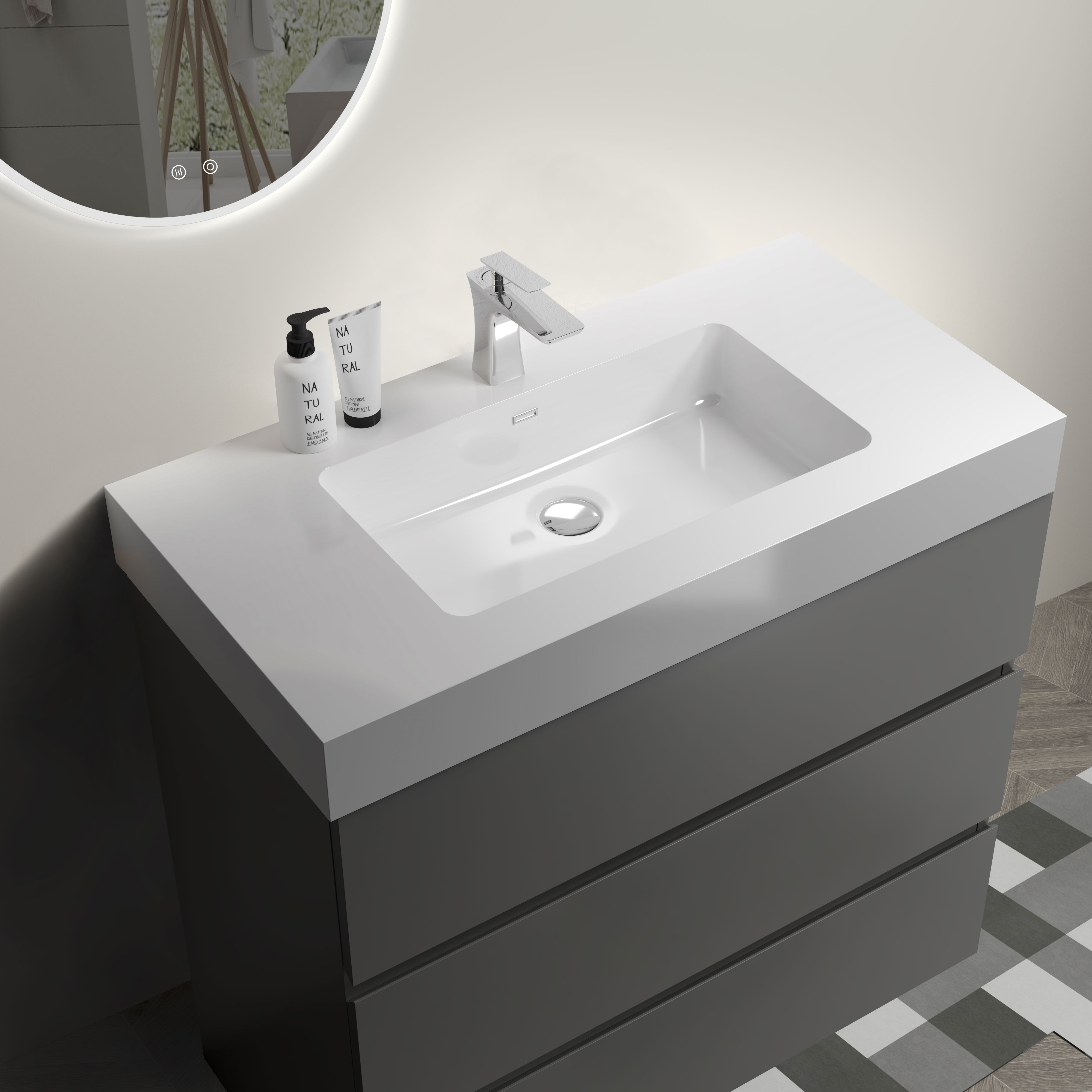 Wood Freestanding Bathroom Vanity Set with White Integrated Resin Sink