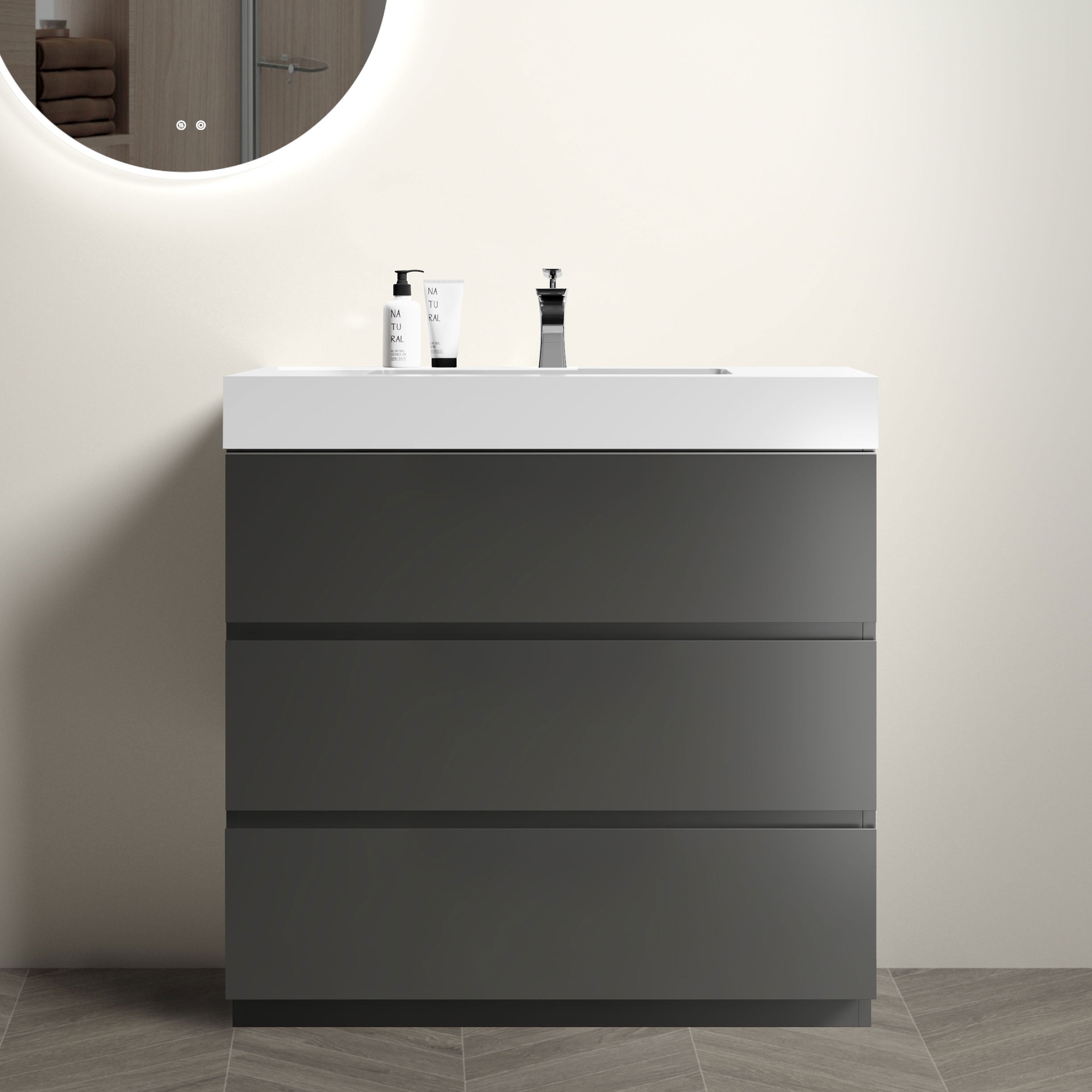 Wood Freestanding Bathroom Vanity Set with White Integrated Resin Sink