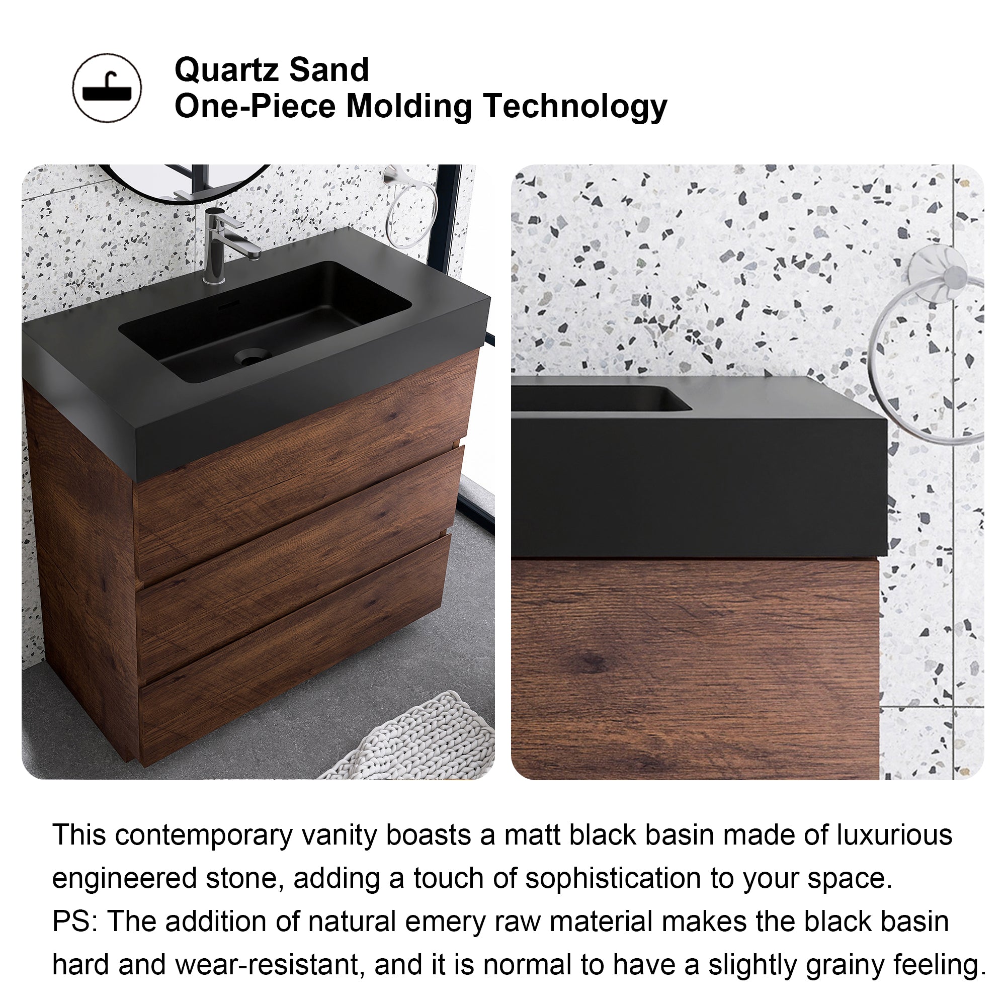 24"/30"/36" Freestanding Bathroom Vanity Set with Black Integrated Quartz Sand Sink