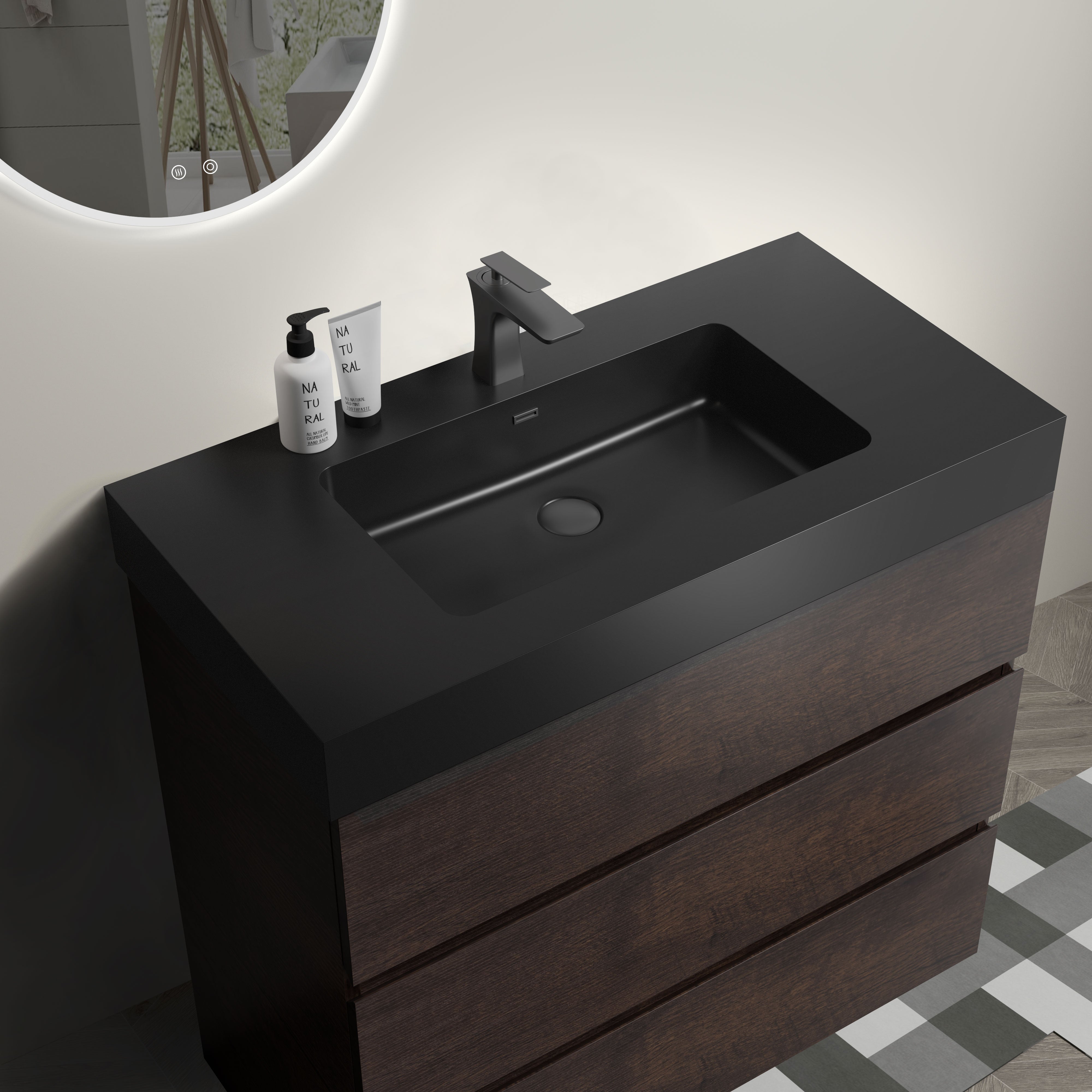 24"/30"/36" Freestanding Bathroom Vanity Set with Black Integrated Quartz Sand Sink