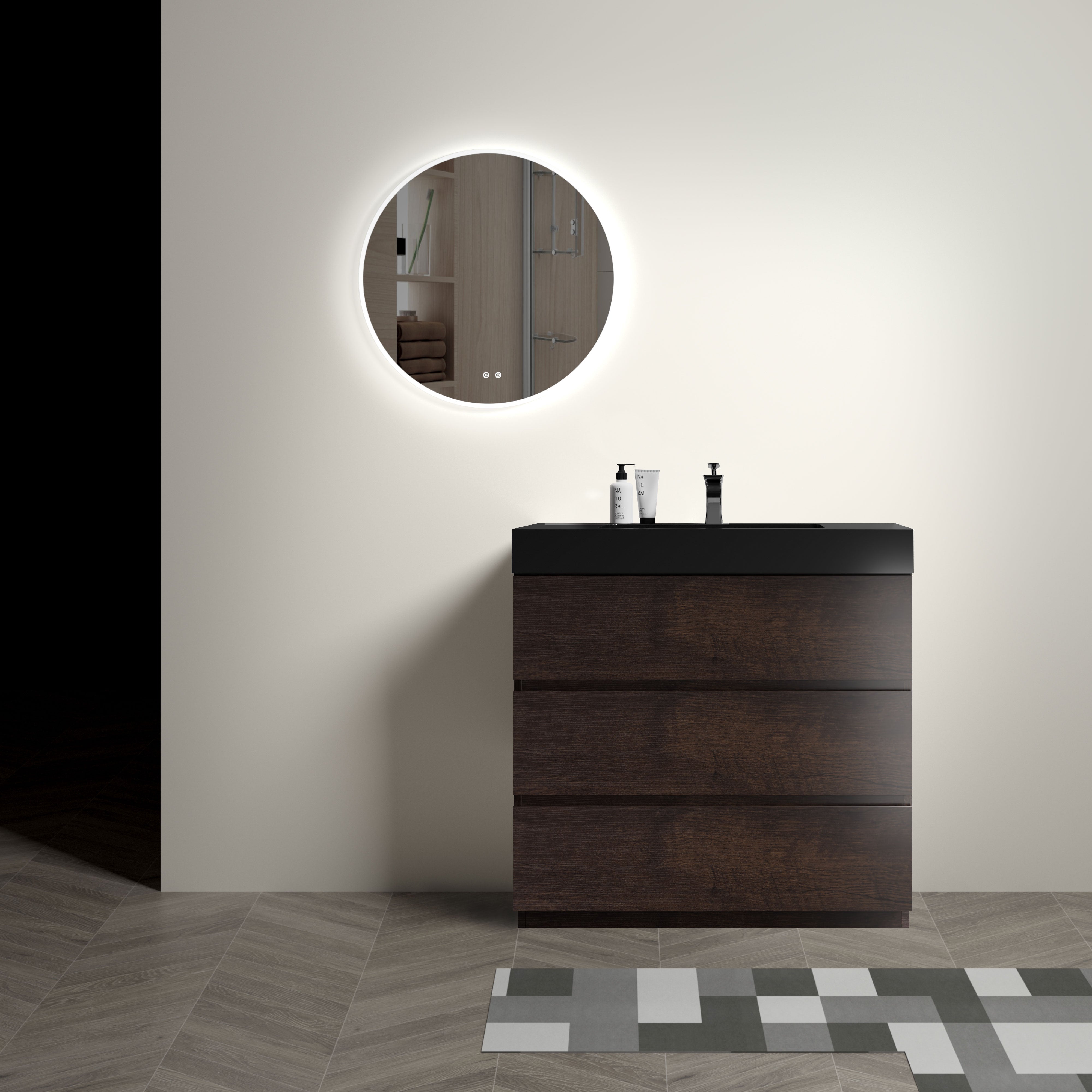 24"/30"/36" Freestanding Bathroom Vanity Set with Black Integrated Quartz Sand Sink