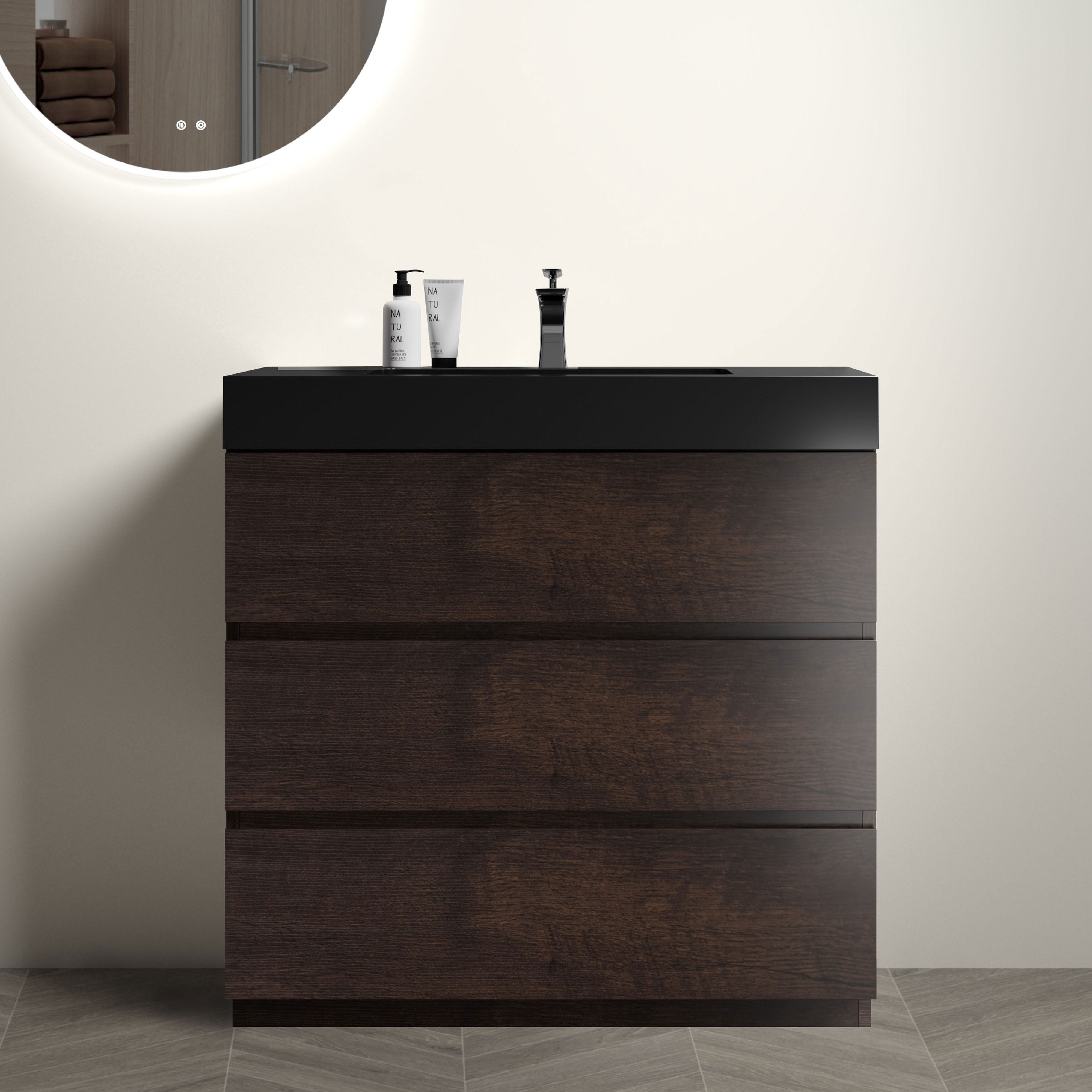 24"/30"/36" Freestanding Bathroom Vanity Set with Black Integrated Quartz Sand Sink