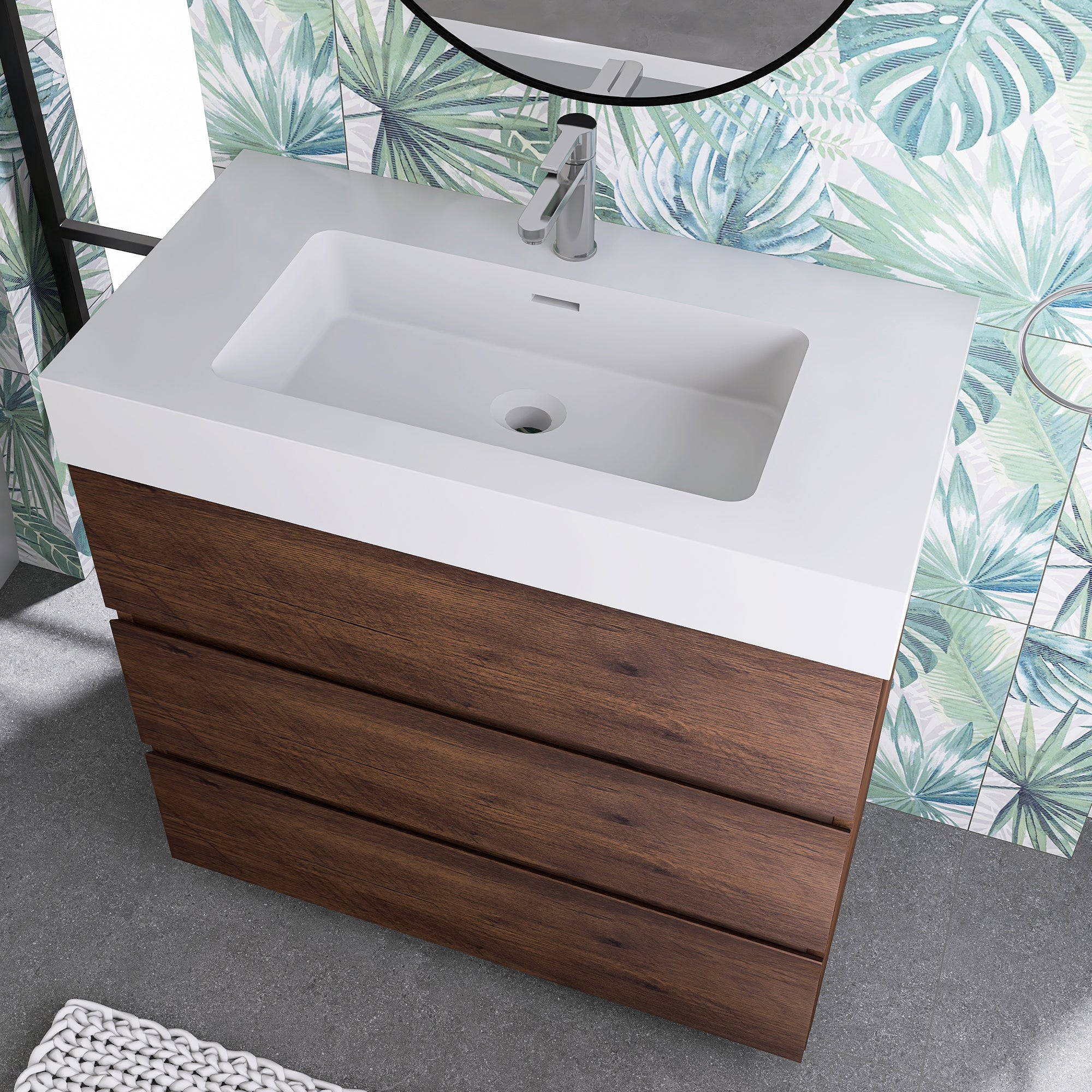 Wood Freestanding Bathroom Vanity Set with White Integrated Resin Sink