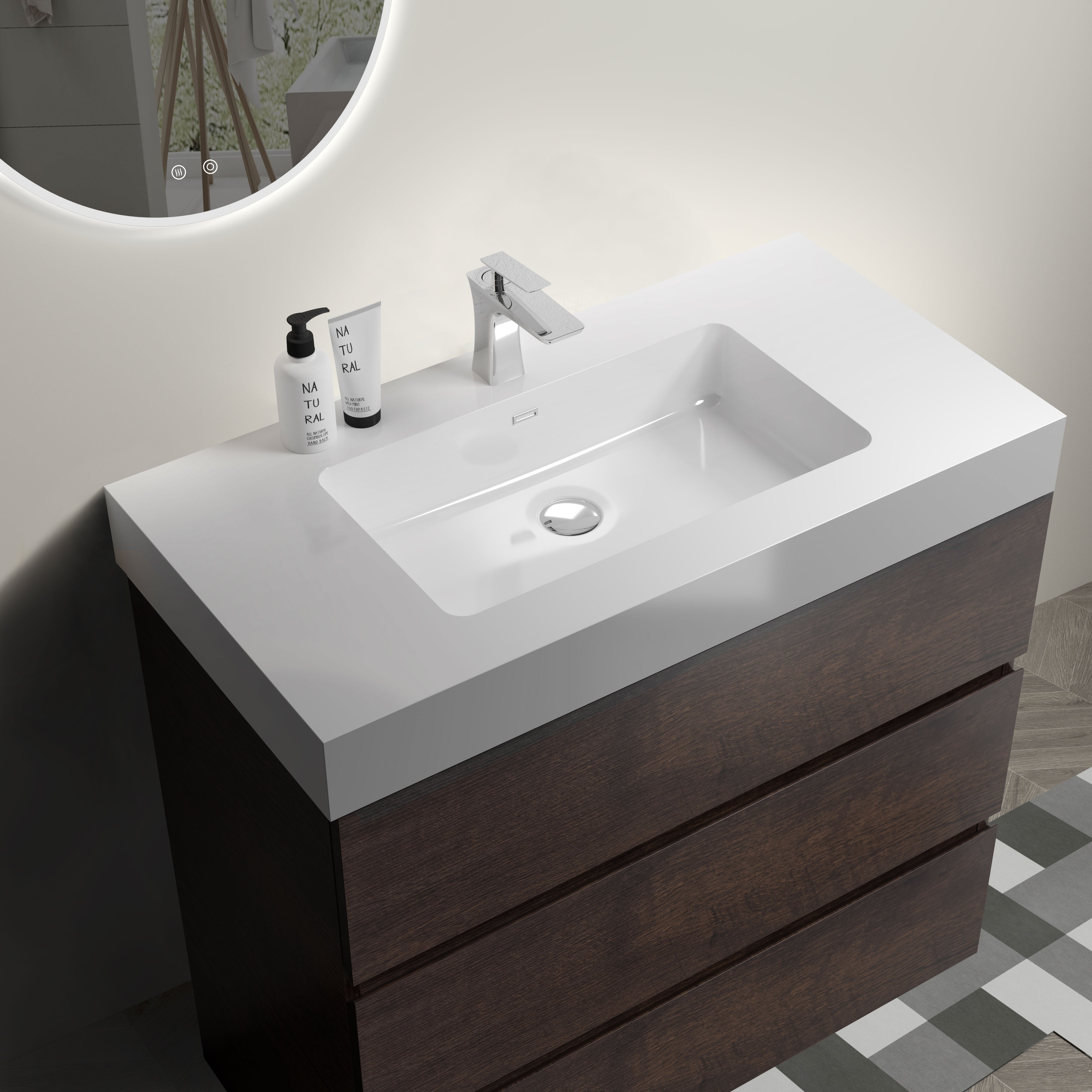 Wood Freestanding Bathroom Vanity Set with White Integrated Resin Sink