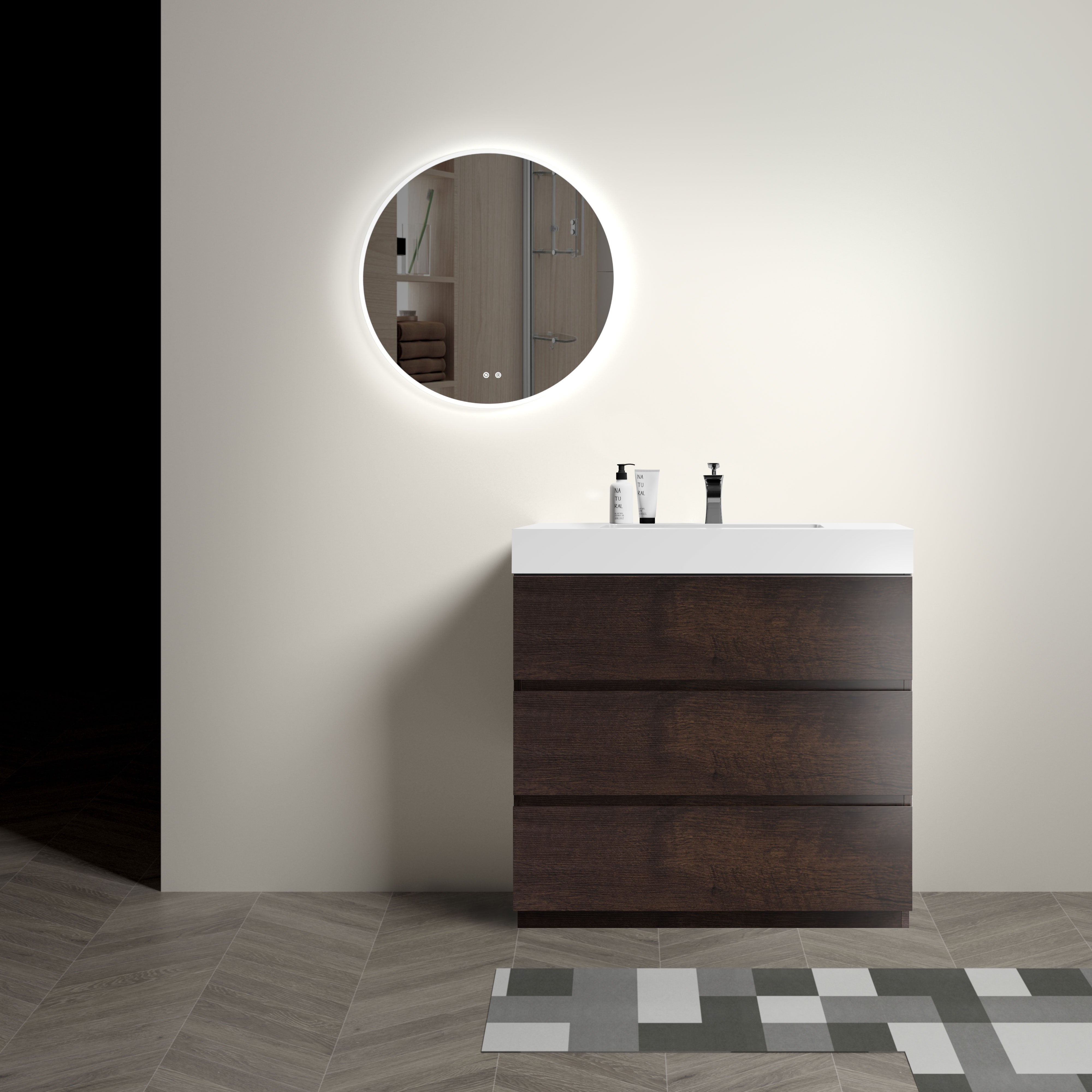 Wood Freestanding Bathroom Vanity Set with White Integrated Resin Sink