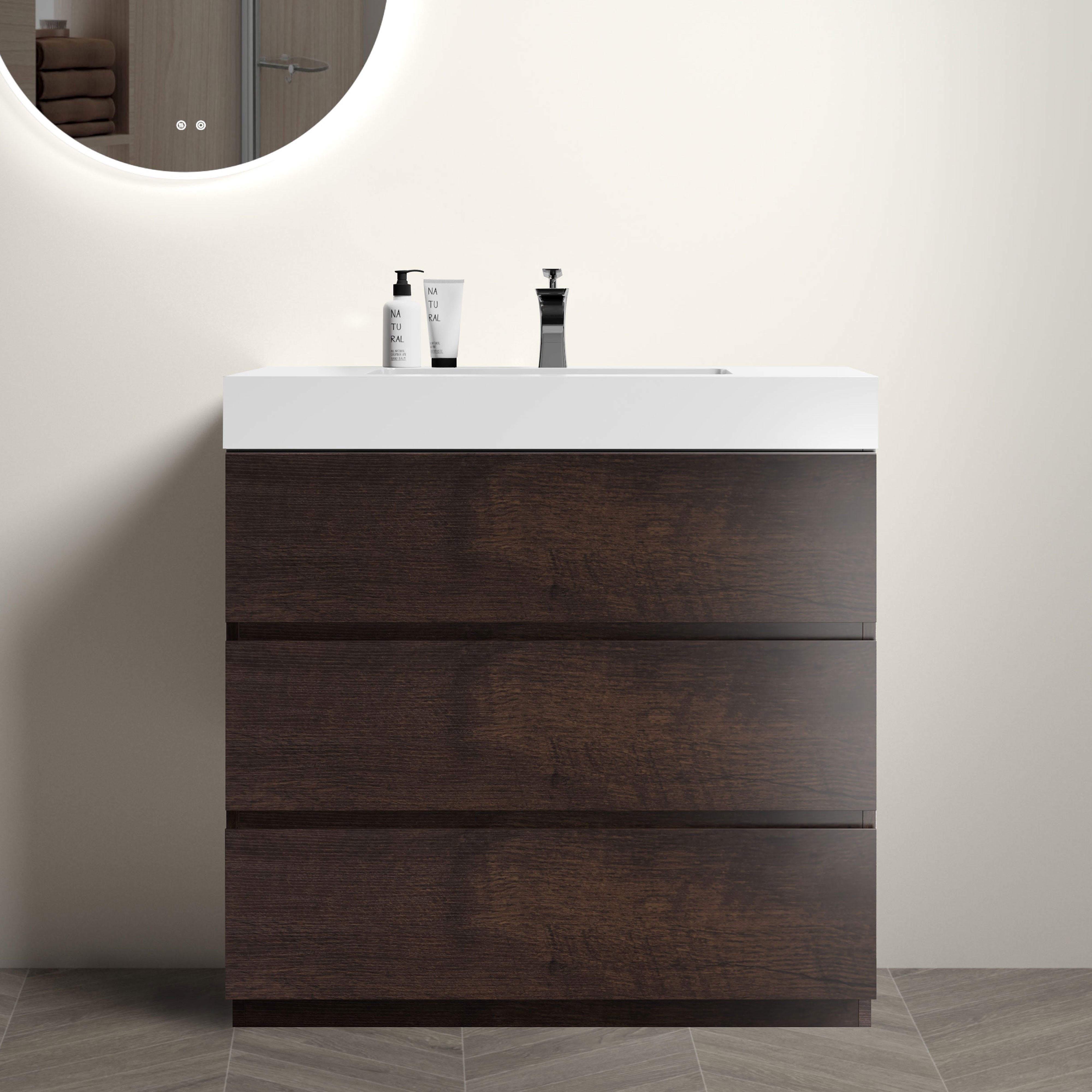 Wood Freestanding Bathroom Vanity Set with White Integrated Resin Sink