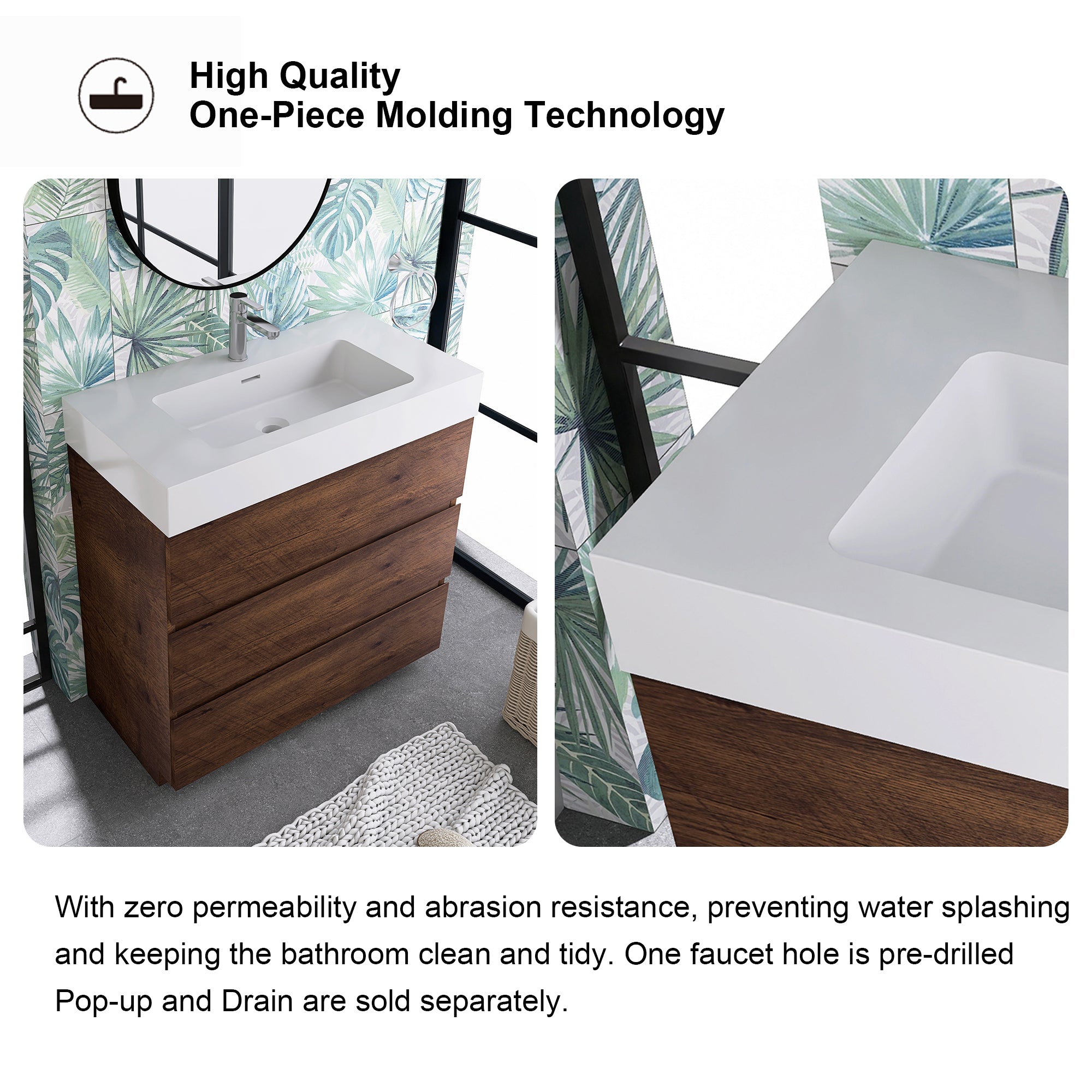 Wood Freestanding Bathroom Vanity Set with White Integrated Resin Sink