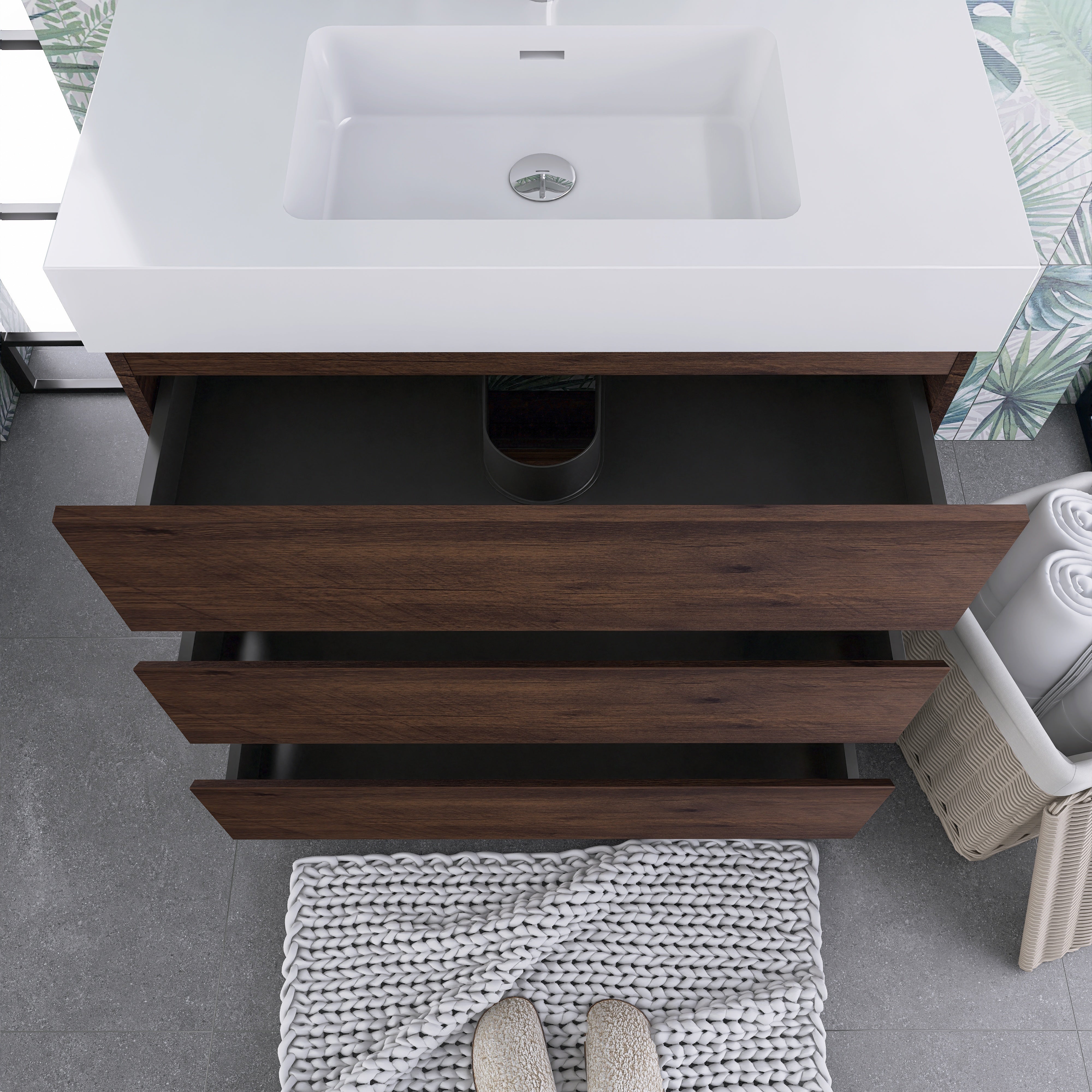 Wood Freestanding Bathroom Vanity Set with White Integrated Resin Sink