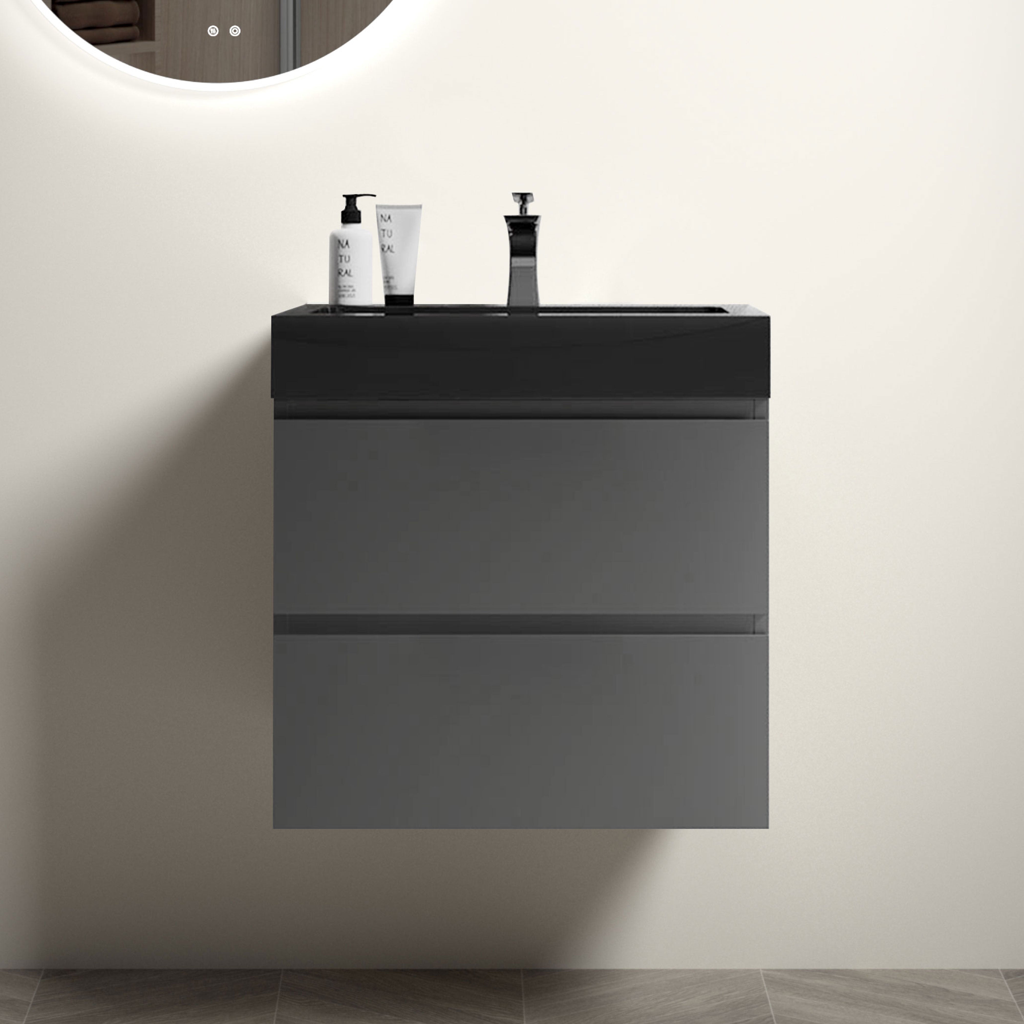 24"/30"/36" Wood Wall-Mounted Bathroom Vanity Set with Black Integrated Quartz Sand Sink