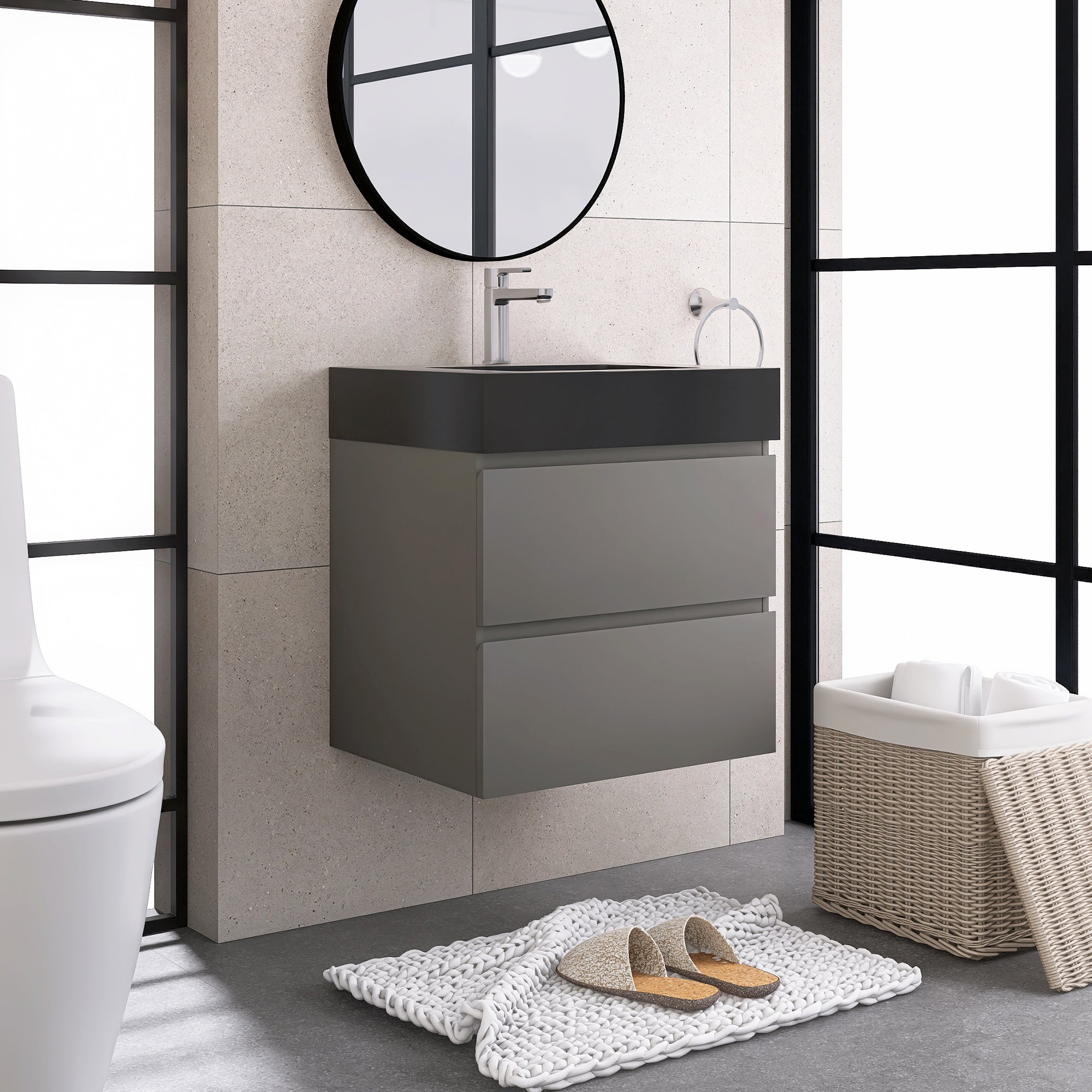 24"/30"/36" Wood Wall-Mounted Bathroom Vanity Set with Black Integrated Quartz Sand Sink