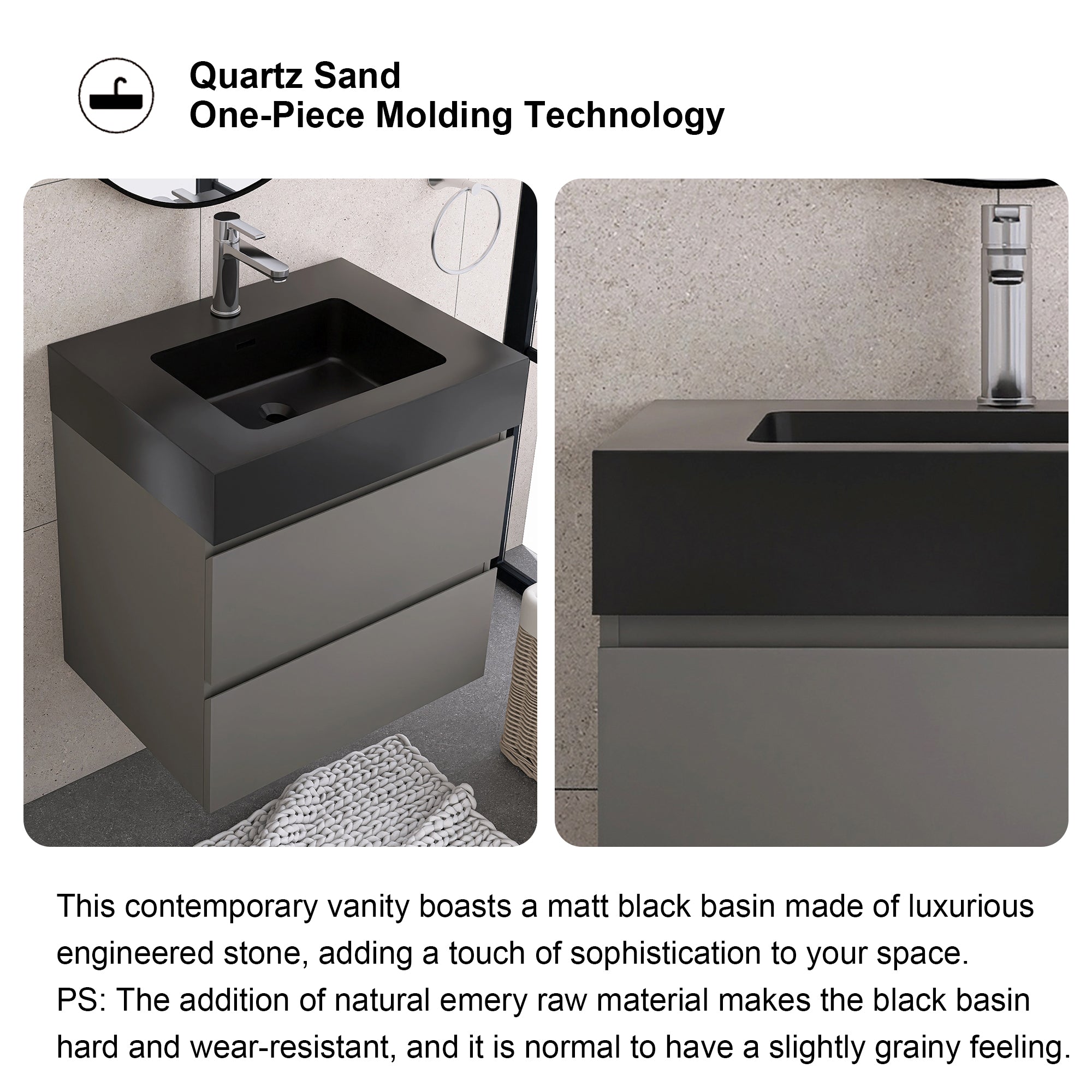 24"/30"/36" Wood Wall-Mounted Bathroom Vanity Set with Black Integrated Quartz Sand Sink