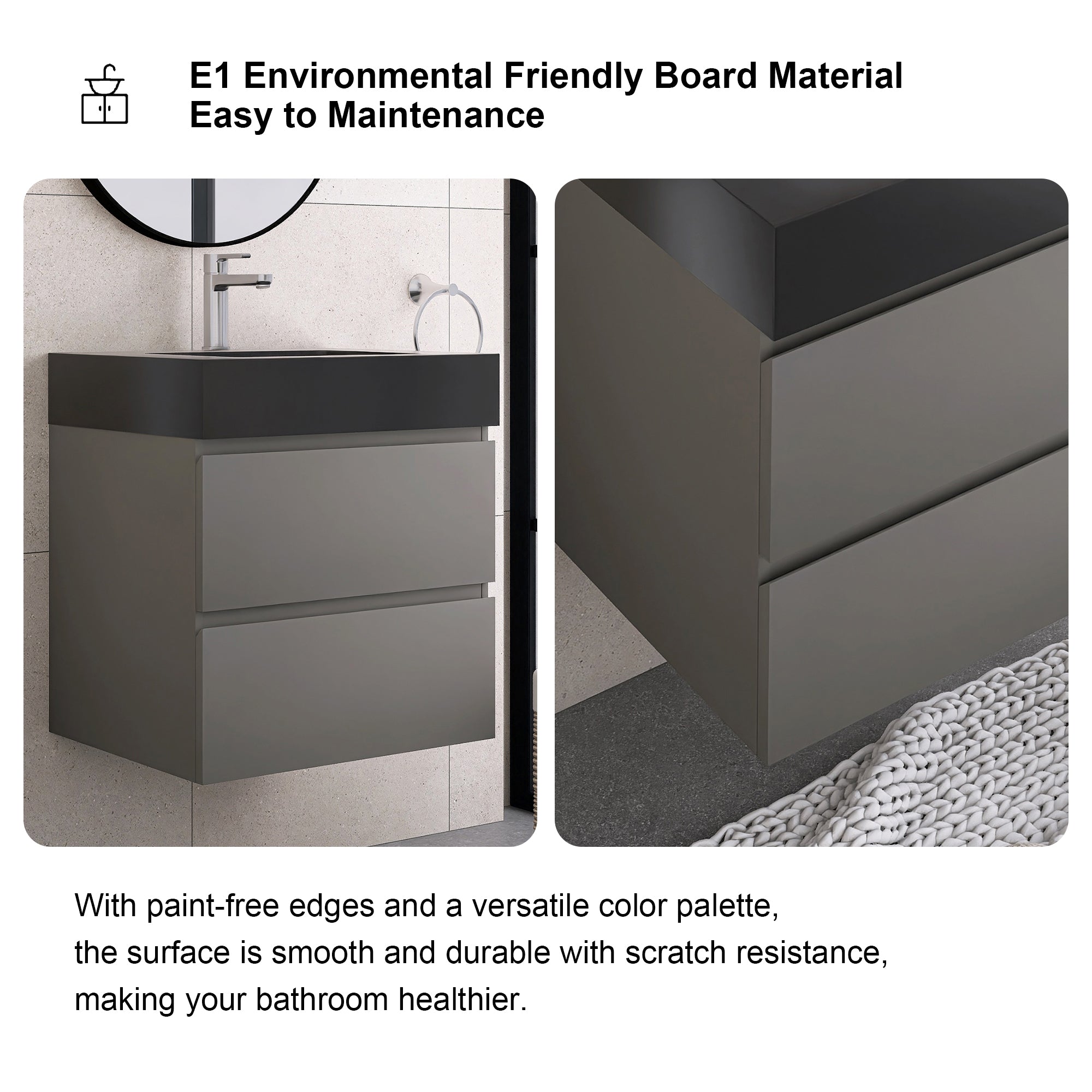 24"/30"/36" Wood Wall-Mounted Bathroom Vanity Set with Black Integrated Quartz Sand Sink