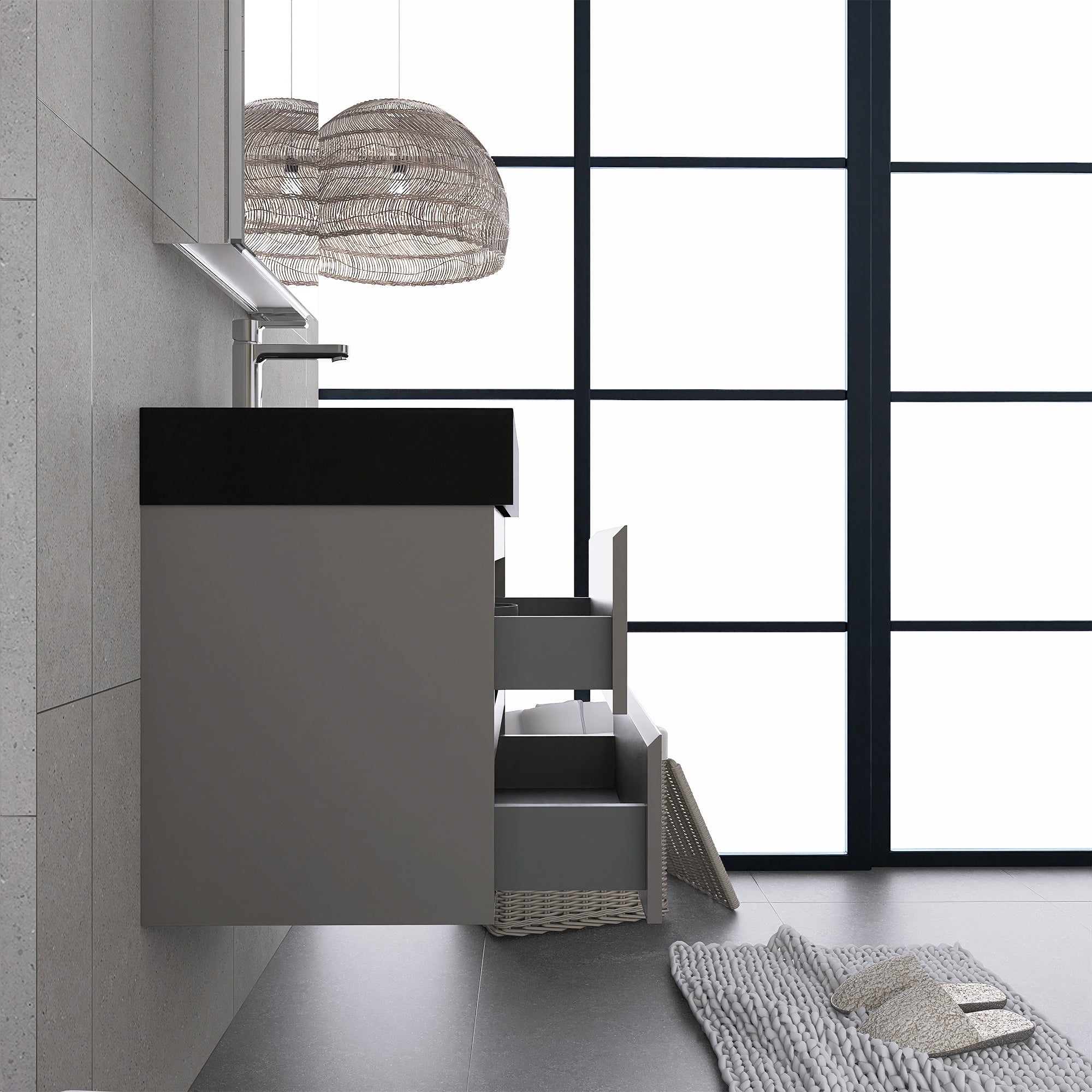 24"/30"/36" Wood Wall-Mounted Bathroom Vanity Set with Black Integrated Quartz Sand Sink