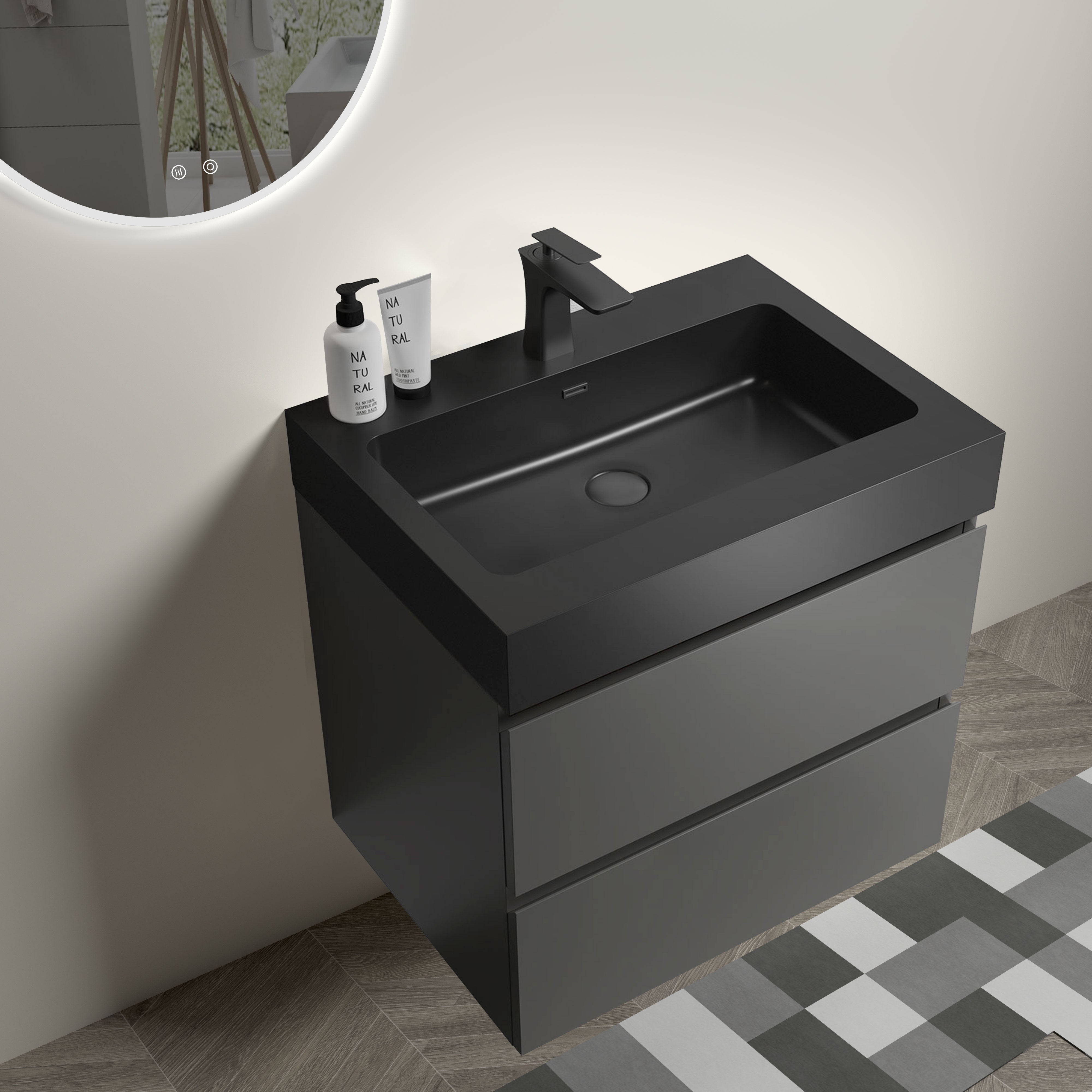 24"/30"/36" Wood Wall-Mounted Bathroom Vanity Set with Black Integrated Quartz Sand Sink
