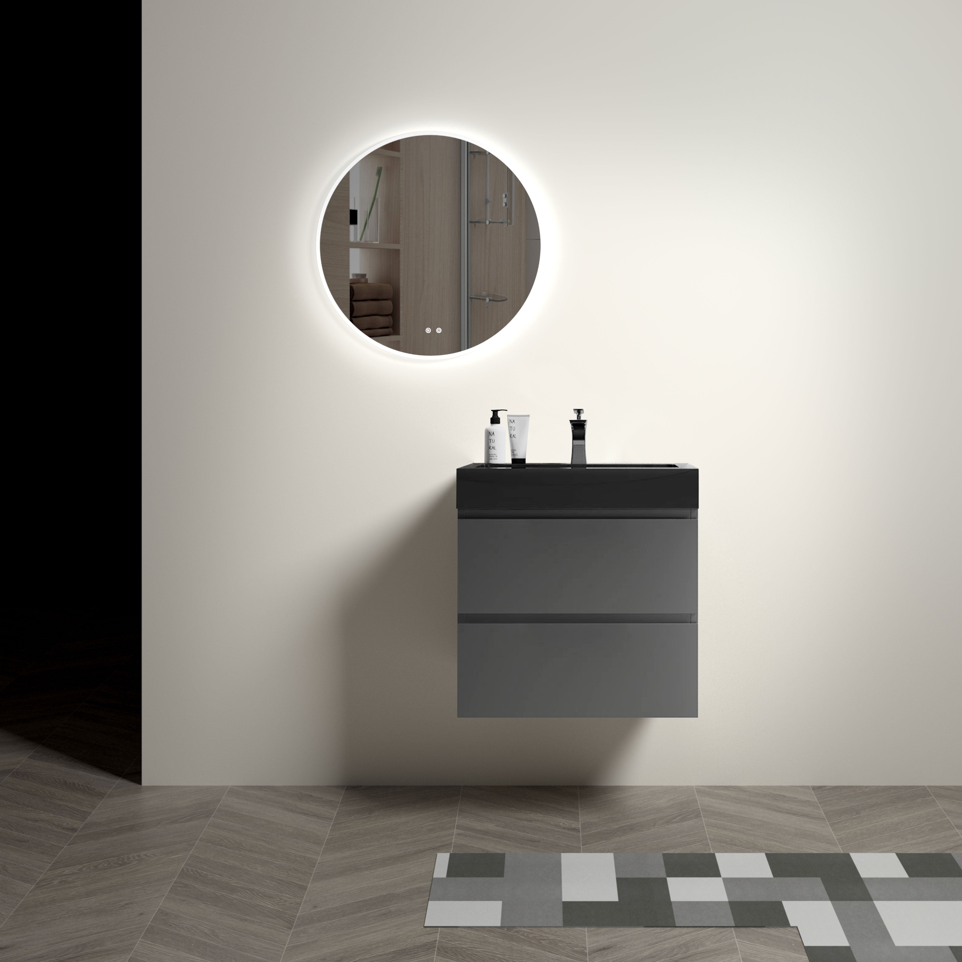 24"/30"/36" Wood Wall-Mounted Bathroom Vanity Set with Black Integrated Quartz Sand Sink