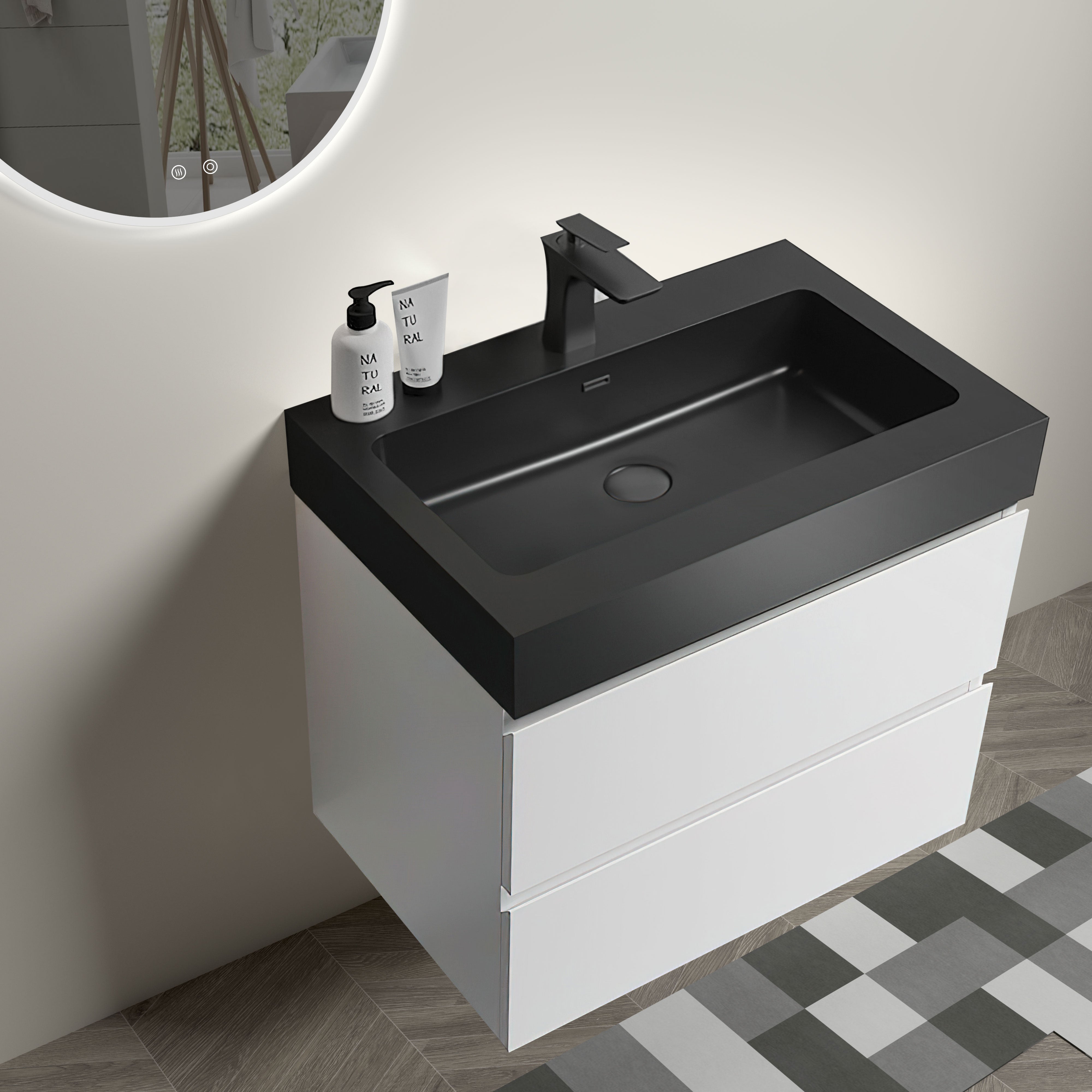 24"/30"/36" Wood Wall-Mounted Bathroom Vanity Set with Black Integrated Quartz Sand Sink