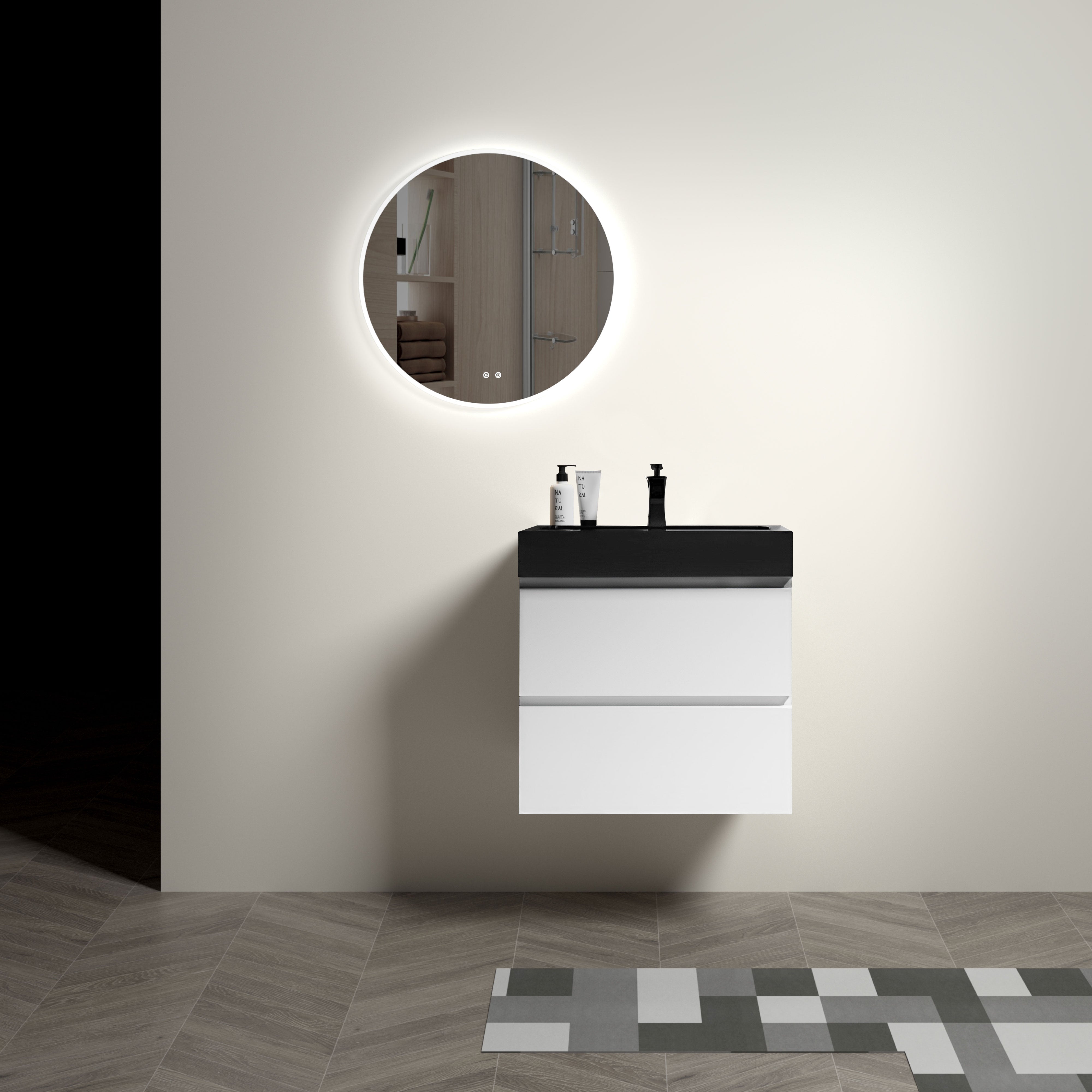 24"/30"/36" Wood Wall-Mounted Bathroom Vanity Set with Black Integrated Quartz Sand Sink