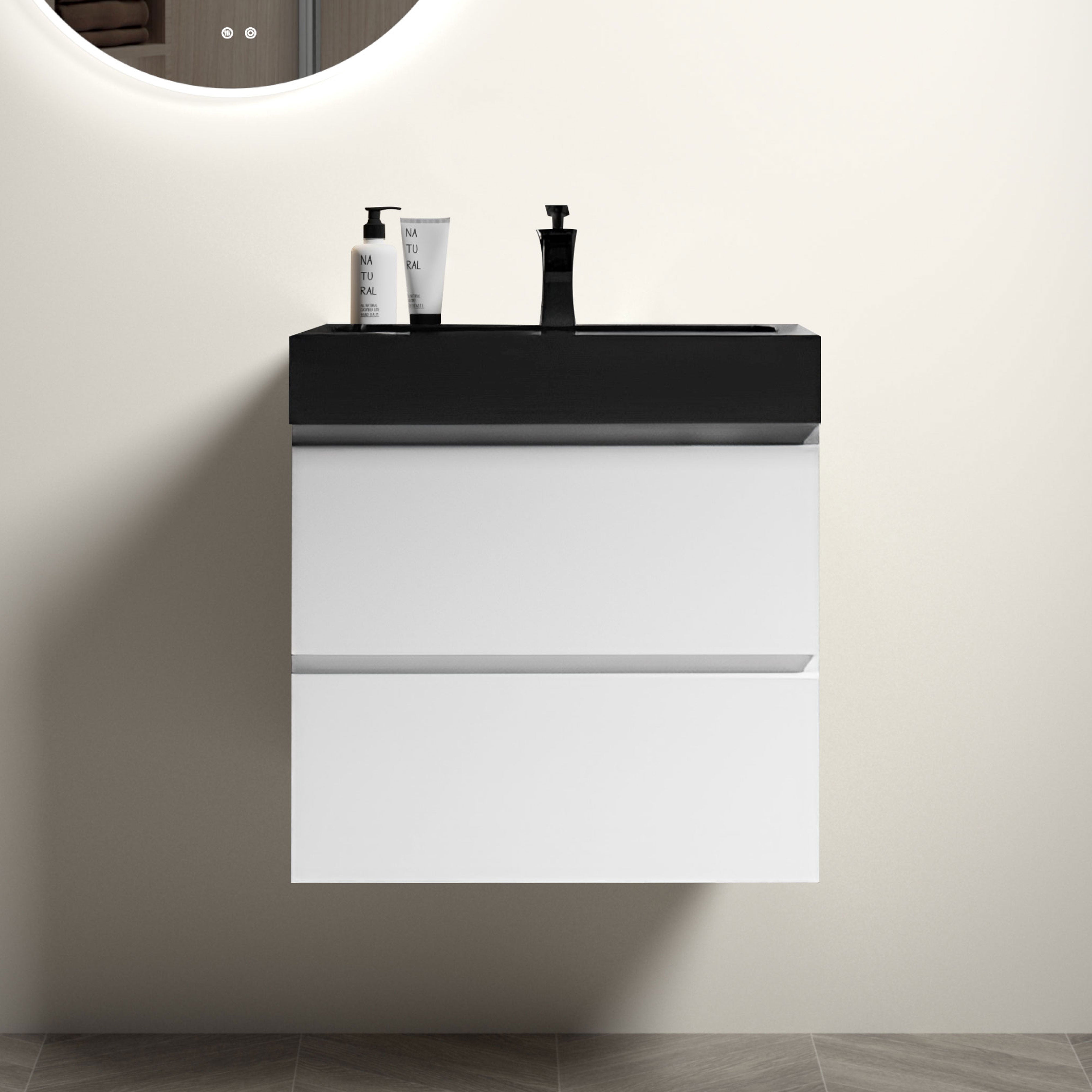 24"/30"/36" Wood Wall-Mounted Bathroom Vanity Set with Black Integrated Quartz Sand Sink