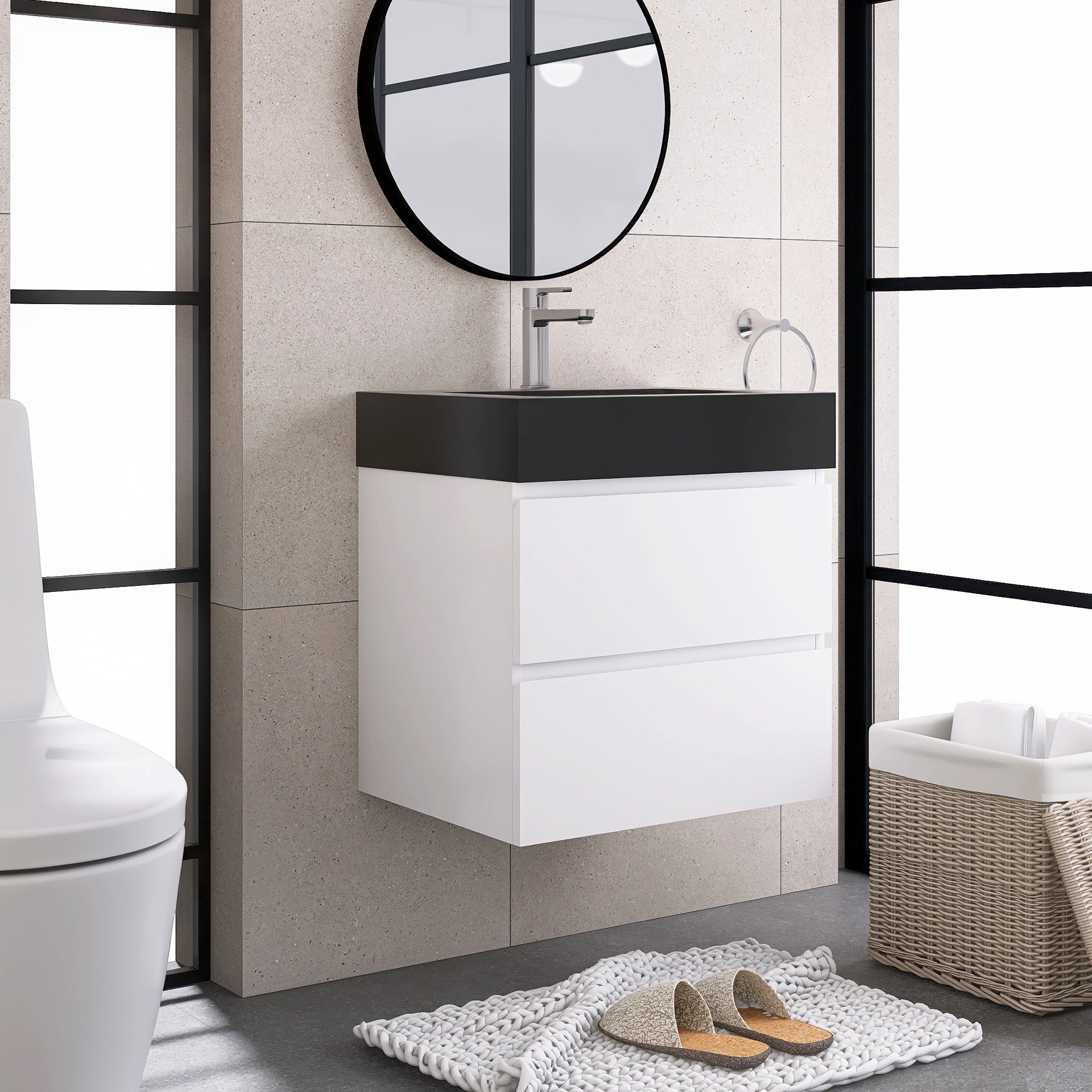 24"/30"/36" Wood Wall-Mounted Bathroom Vanity Set with Black Integrated Quartz Sand Sink