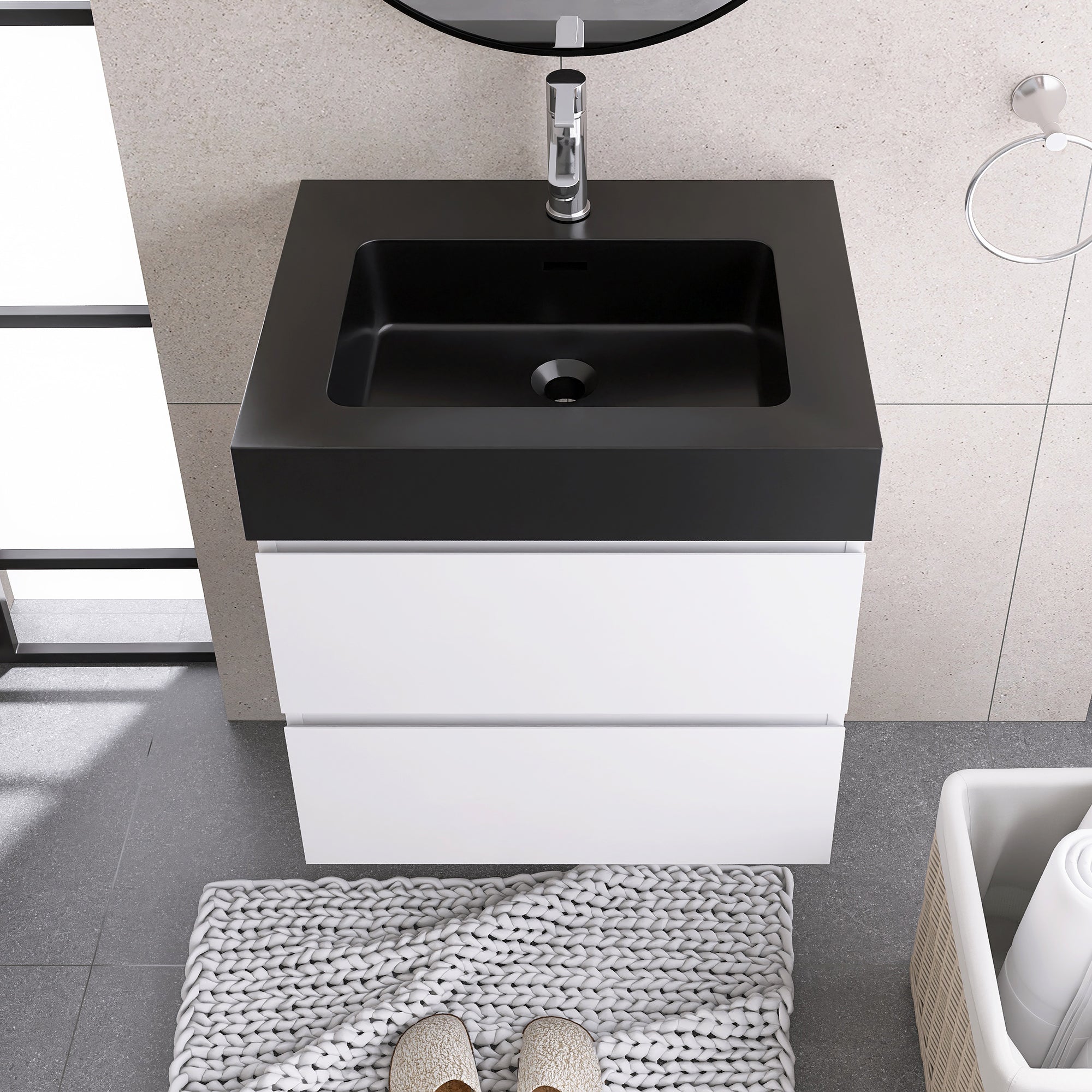24"/30"/36" Wood Wall-Mounted Bathroom Vanity Set with Black Integrated Quartz Sand Sink