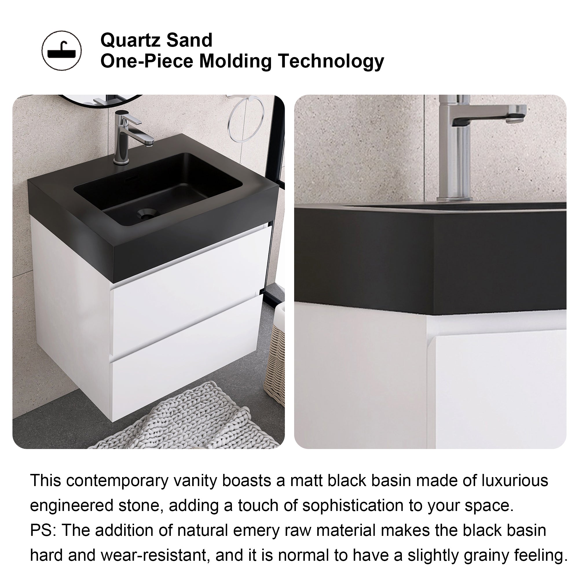 24"/30"/36" Wood Wall-Mounted Bathroom Vanity Set with Black Integrated Quartz Sand Sink