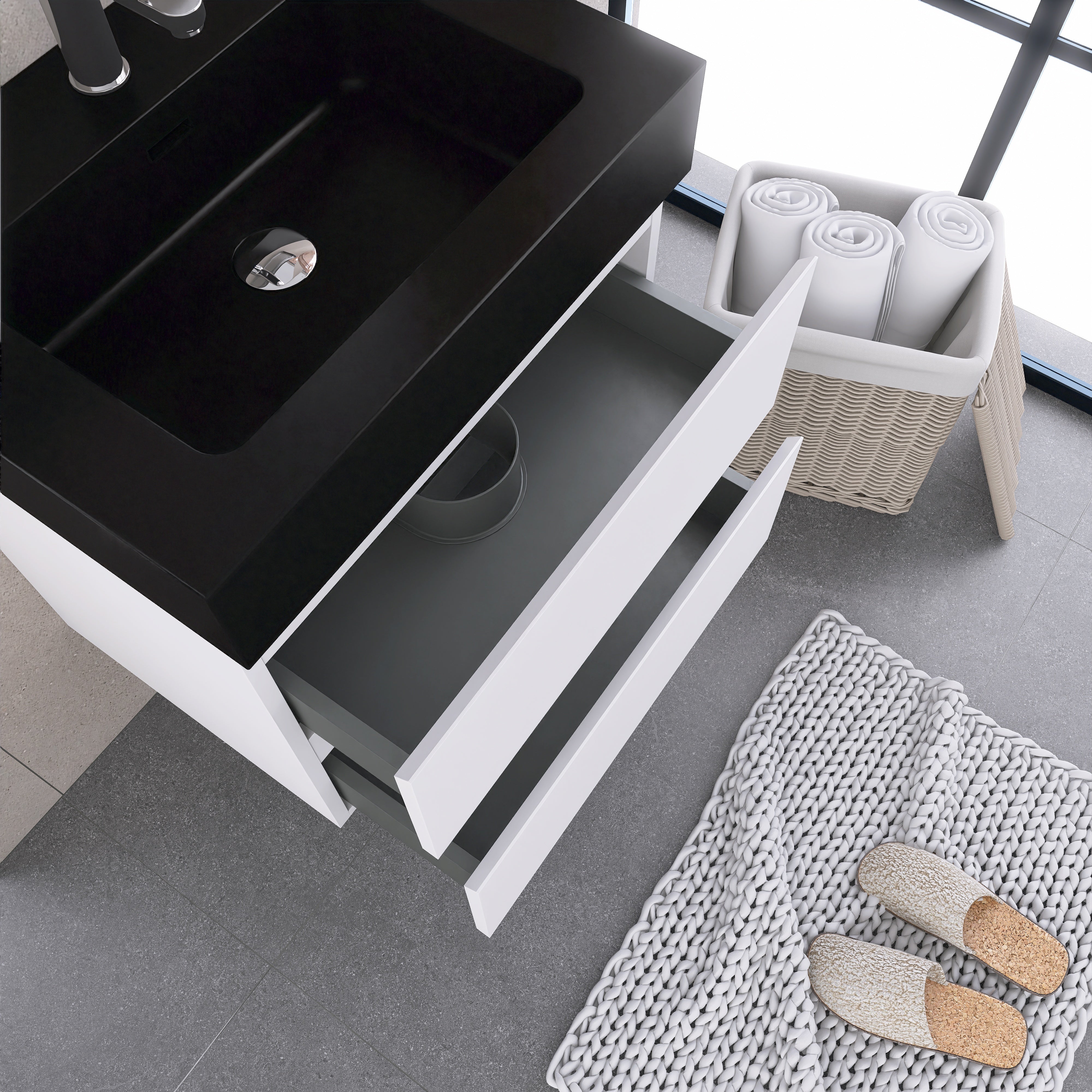 24"/30"/36" Wood Wall-Mounted Bathroom Vanity Set with Black Integrated Quartz Sand Sink