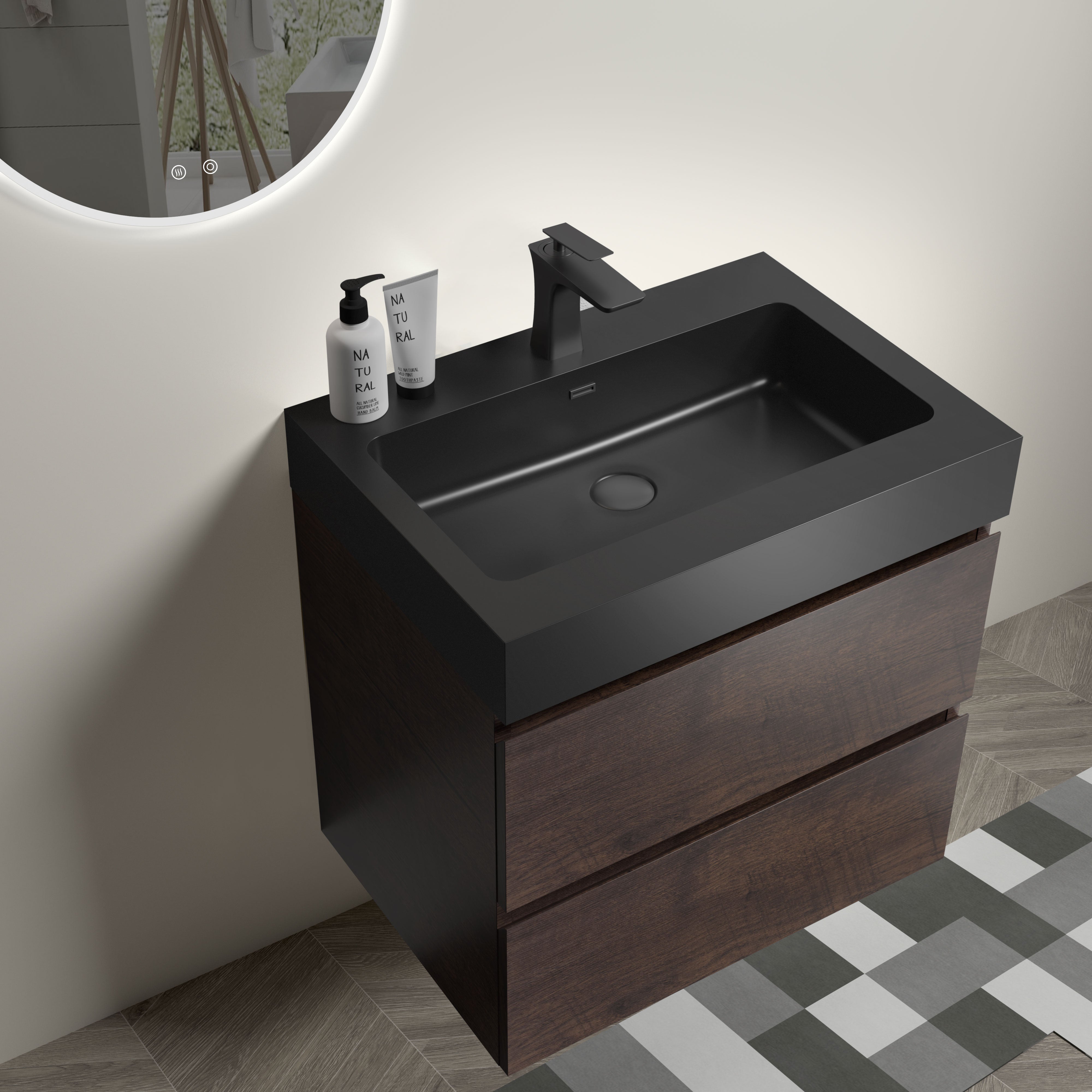 24"/30"/36" Wood Wall-Mounted Bathroom Vanity Set with Black Integrated Quartz Sand Sink