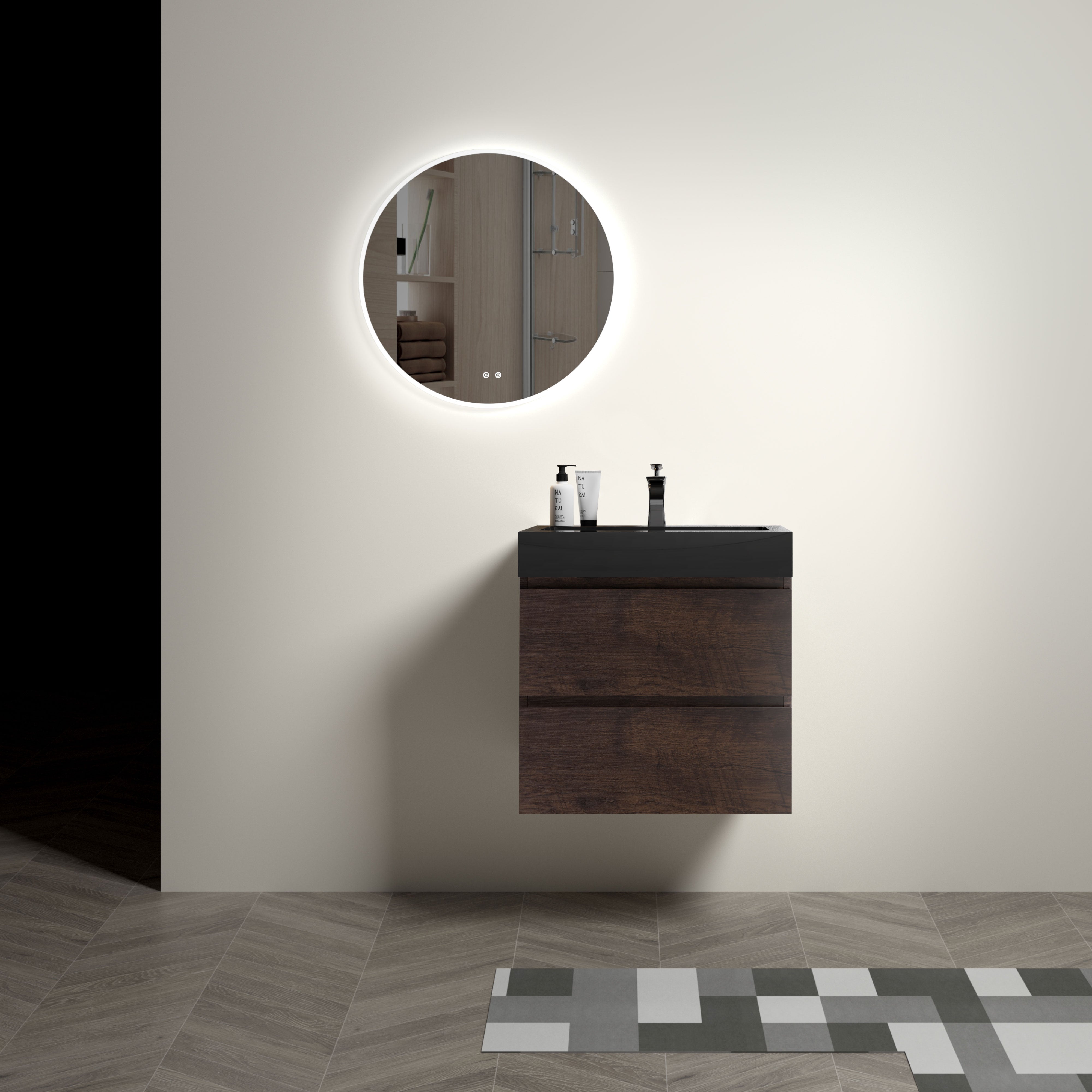 24"/30"/36" Wood Wall-Mounted Bathroom Vanity Set with Black Integrated Quartz Sand Sink