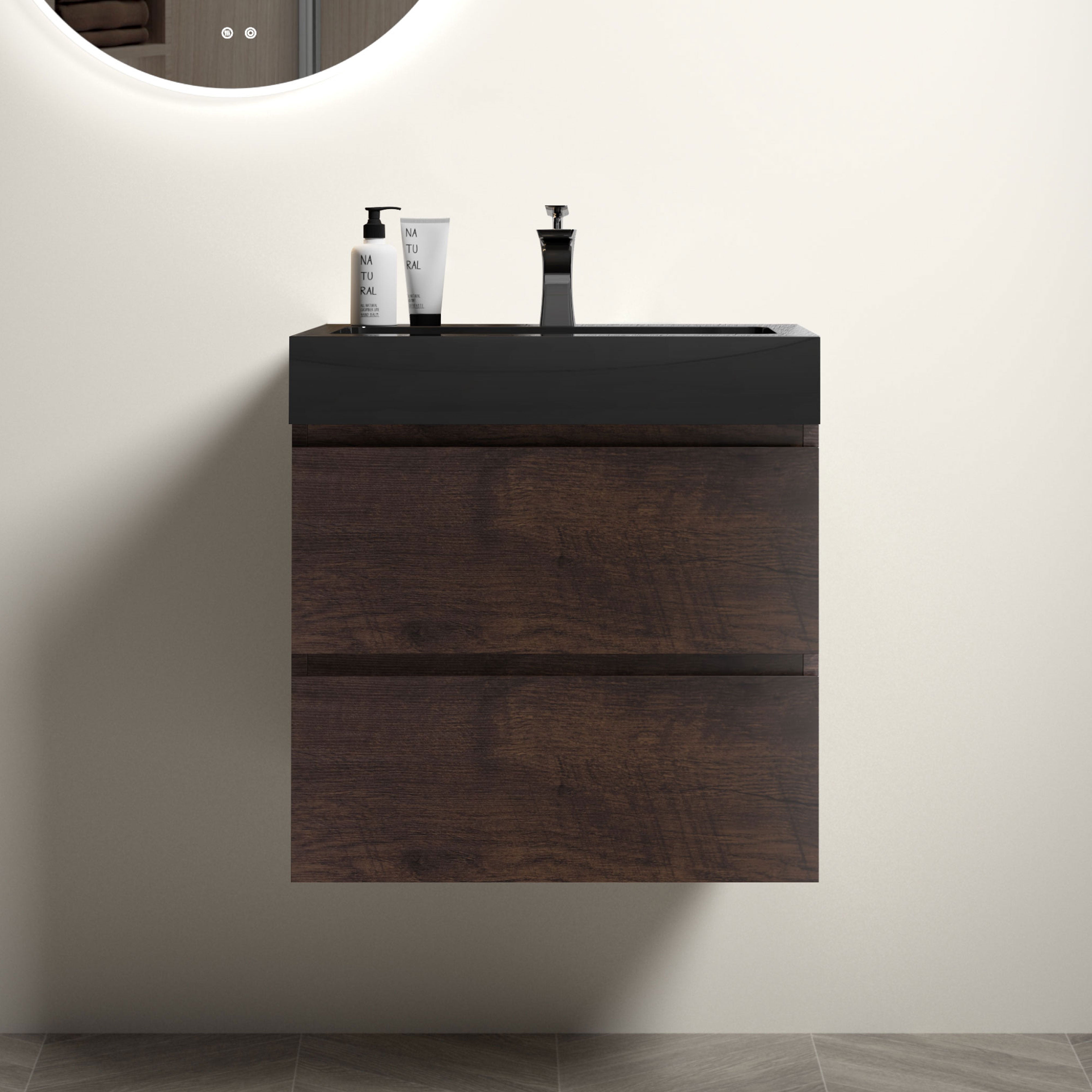 24"/30"/36" Wood Wall-Mounted Bathroom Vanity Set with Black Integrated Quartz Sand Sink