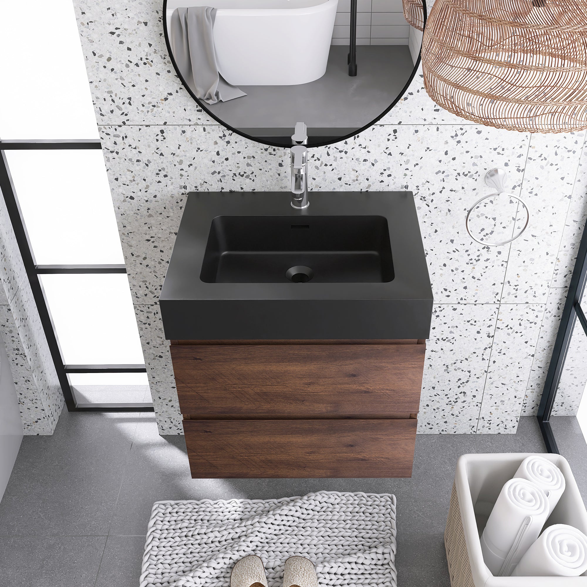 24"/30"/36" Wood Wall-Mounted Bathroom Vanity Set with Black Integrated Quartz Sand Sink