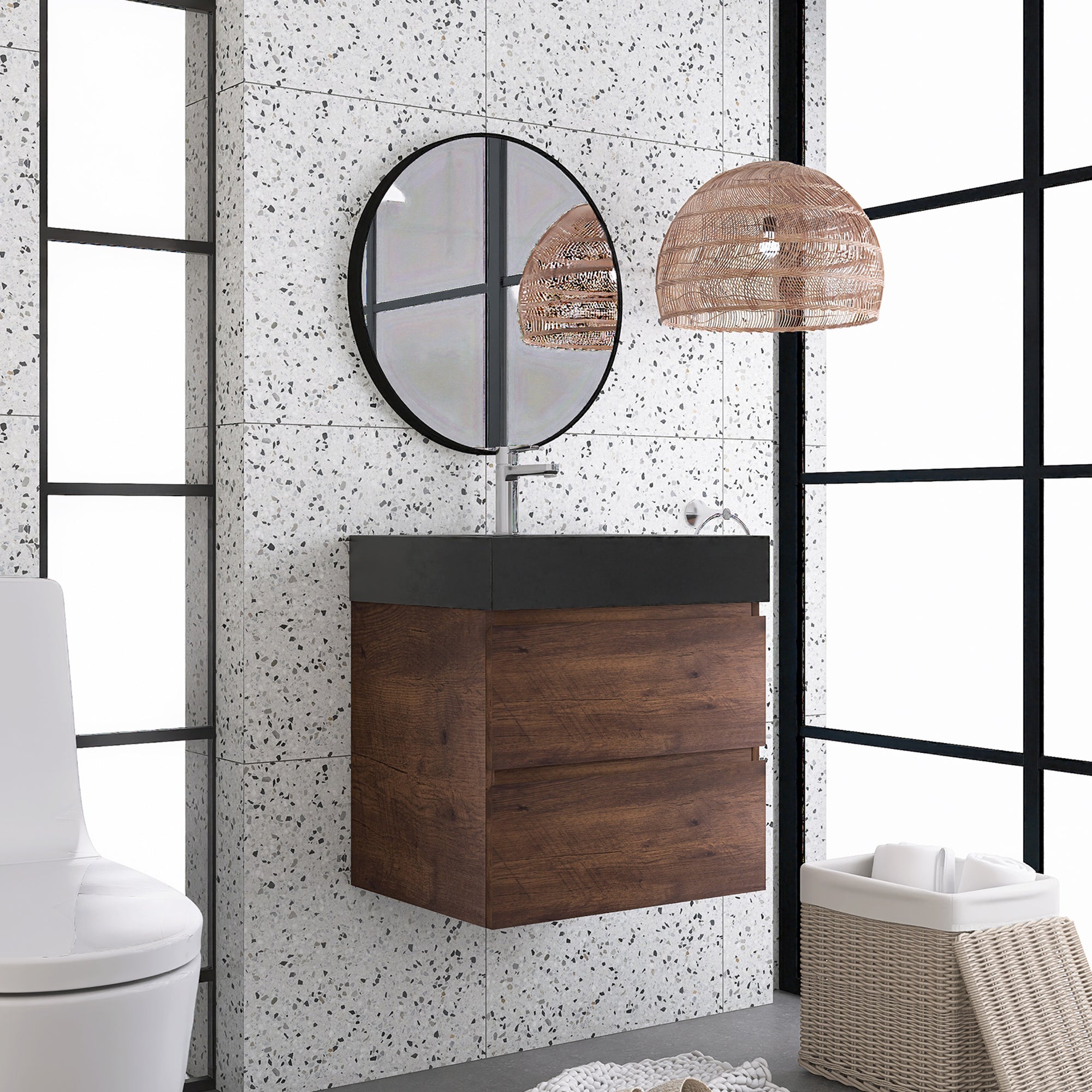 24"/30"/36" Wood Wall-Mounted Bathroom Vanity Set with Black Integrated Quartz Sand Sink