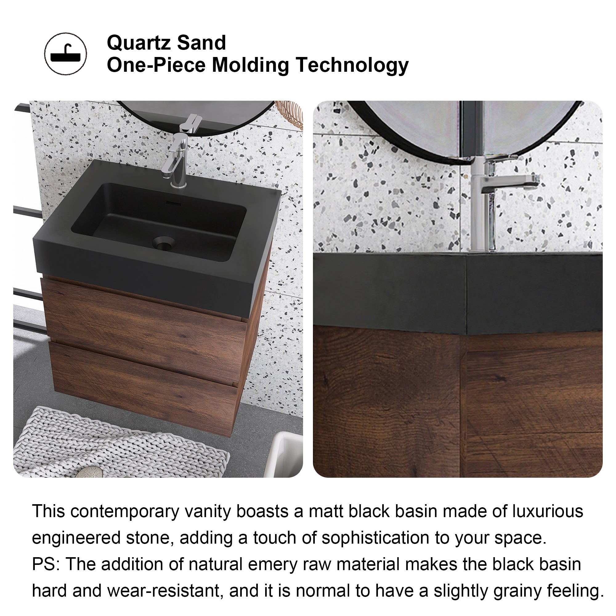 24"/30"/36" Wood Wall-Mounted Bathroom Vanity Set with Black Integrated Quartz Sand Sink