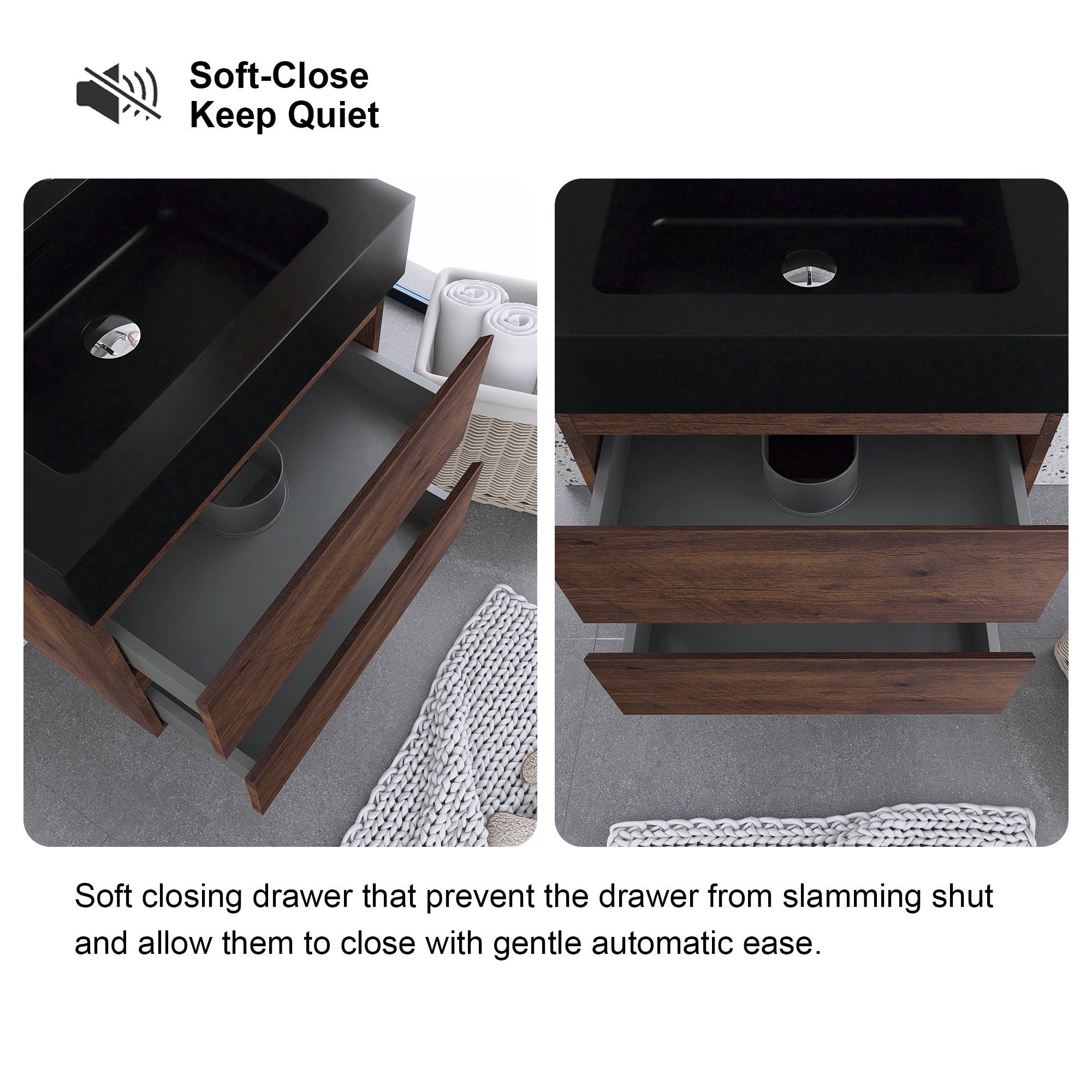 24"/30"/36" Wood Wall-Mounted Bathroom Vanity Set with Black Integrated Quartz Sand Sink