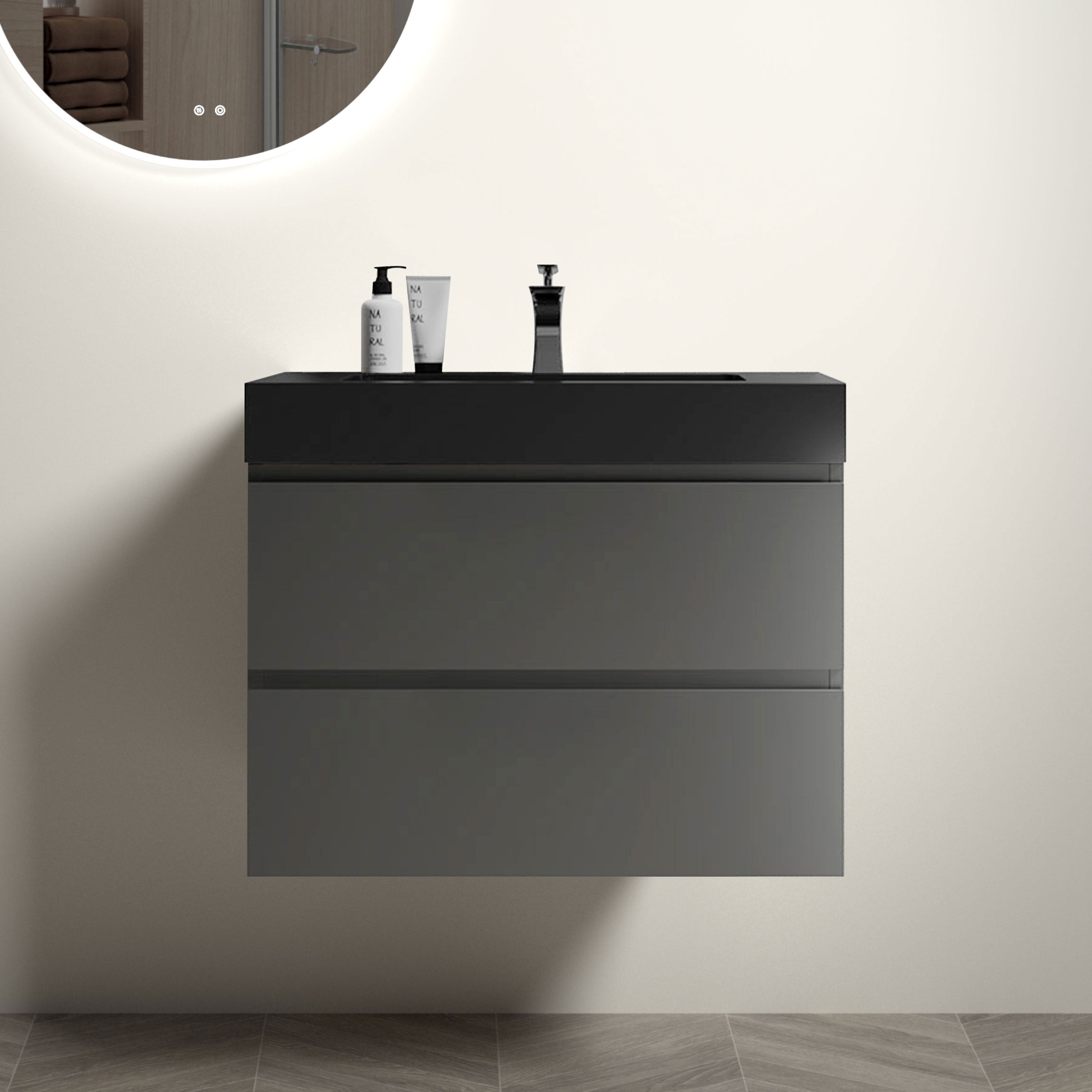 24"/30"/36" Wood Wall-Mounted Bathroom Vanity Set with Black Integrated Quartz Sand Sink