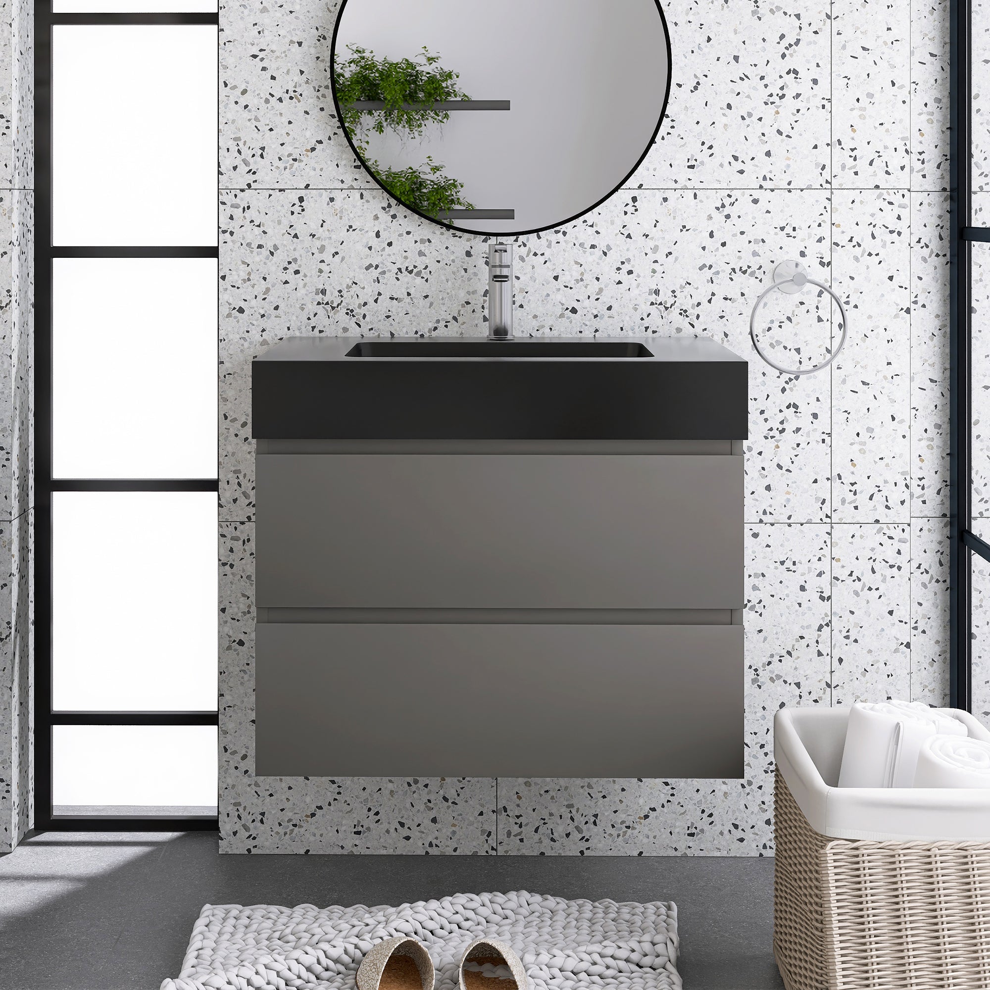 24"/30"/36" Wood Wall-Mounted Bathroom Vanity Set with Black Integrated Quartz Sand Sink