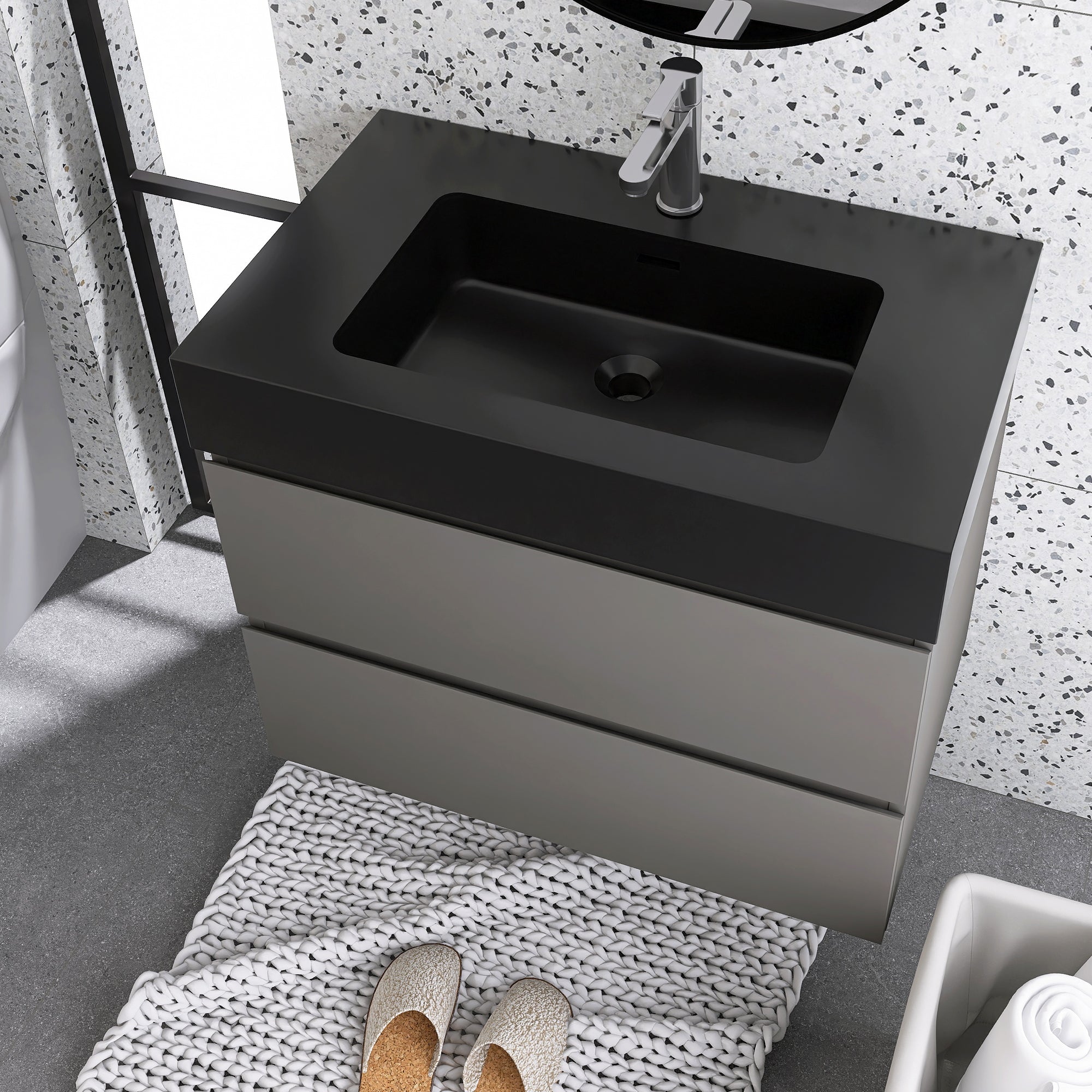 24"/30"/36" Wood Wall-Mounted Bathroom Vanity Set with Black Integrated Quartz Sand Sink